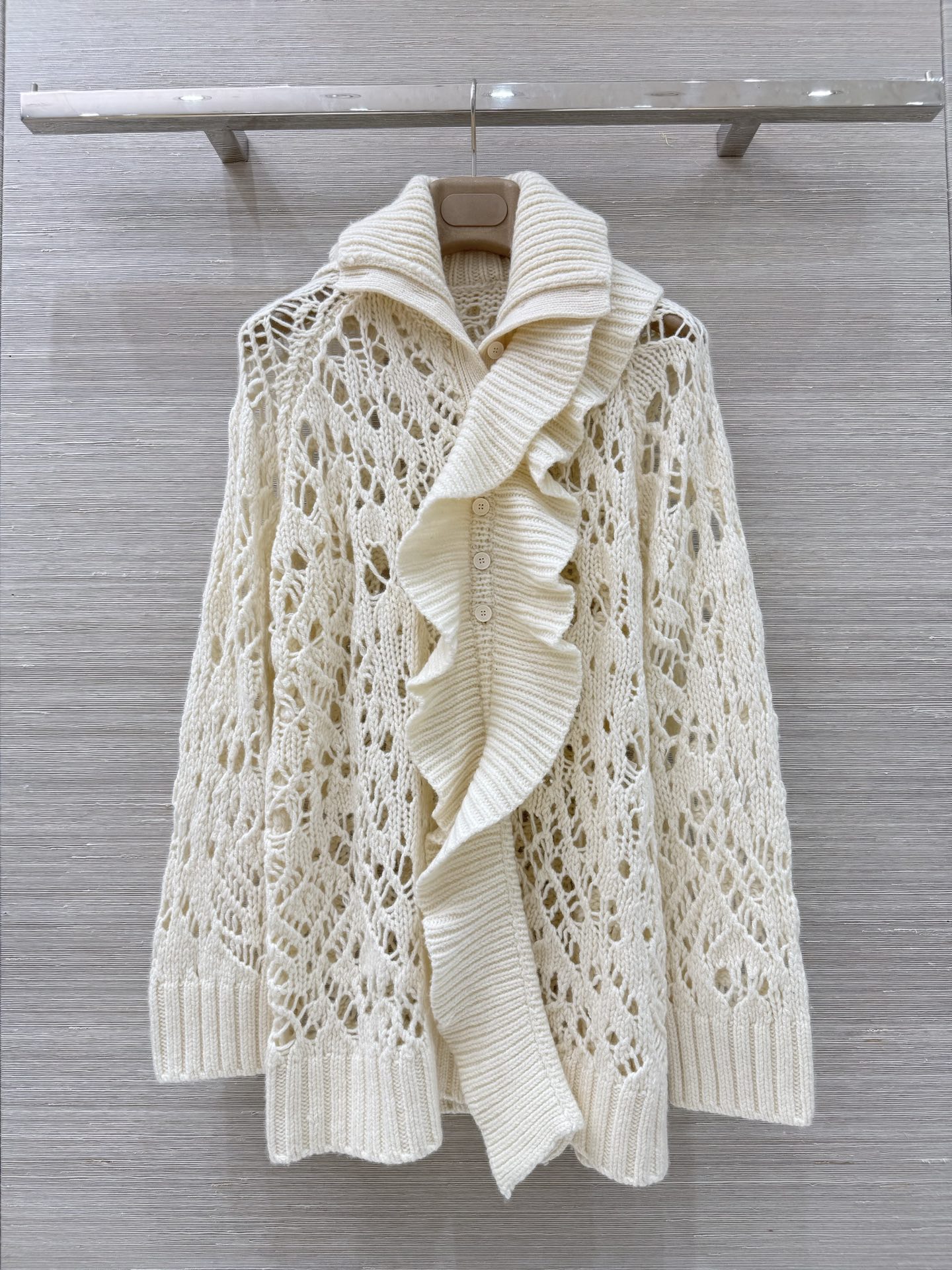 MissD Cream Crochet Cardigan with Ruffle Trim, Detachable Detail