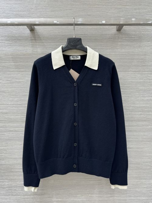 Miu Miu Women's Navy Blue Cotton V-Neck Cardigan with Contrast Collar 1 Miu Miu Women's Navy Blue Cotton V-Neck Cardigan with Contrast Collar