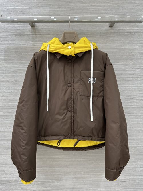 Miu Miu Brown Down Jacket with Yellow Hood Detachable Collar 1 Miu Miu Brown Down Jacket with Yellow Hood Detachable Collar