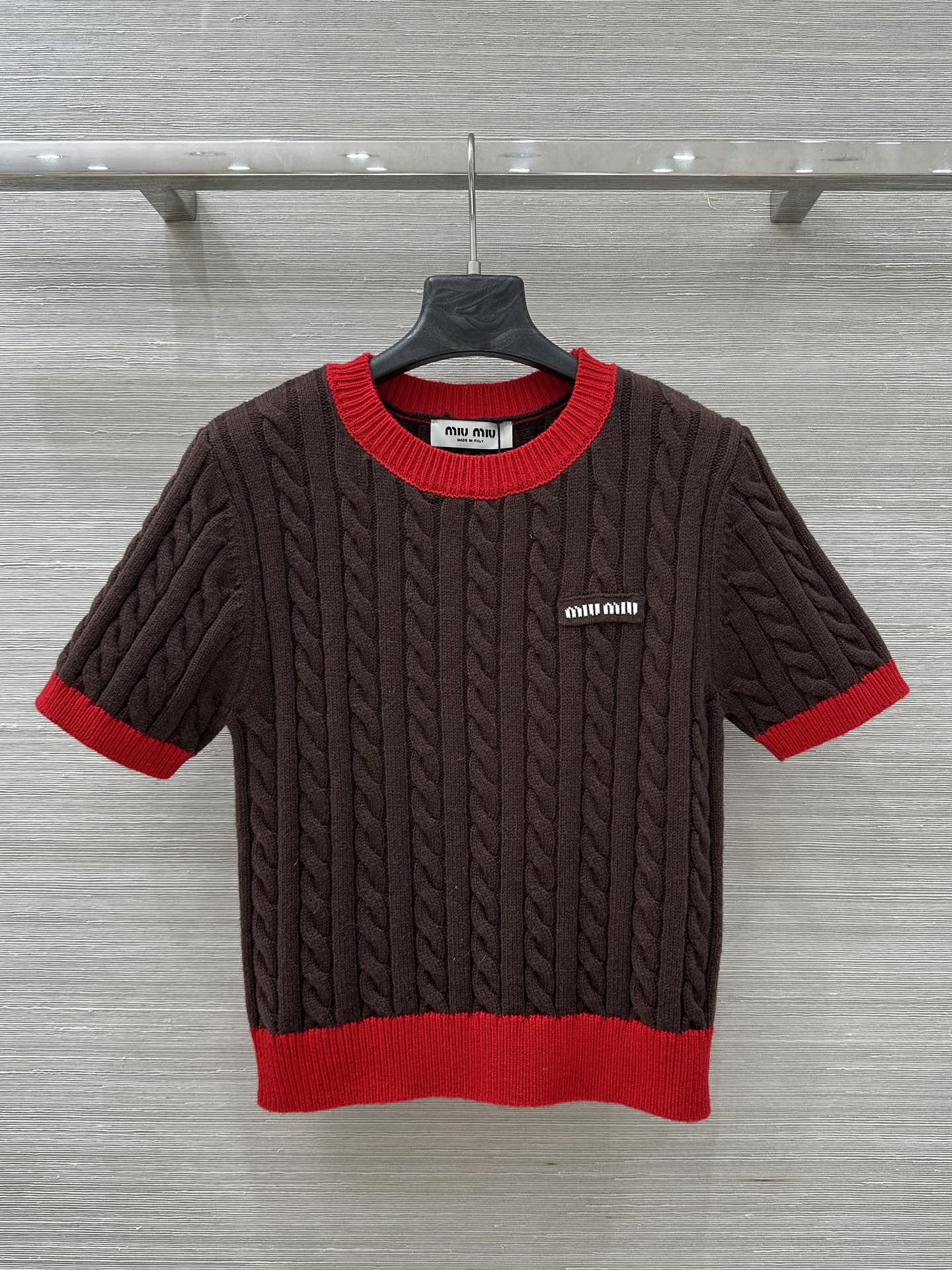 Miu Miu Women's Brown & Red Wool Blend Cable Knit Short Sleeve Top 1 i1758878308 3535 4