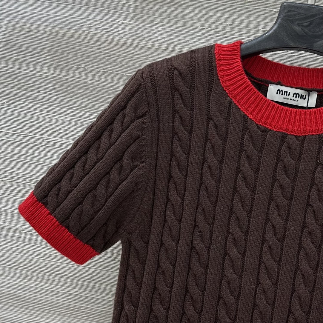 Miu Miu Women's Brown & Red Wool Blend Cable Knit Short Sleeve Top 3 i1758878308 9137 1