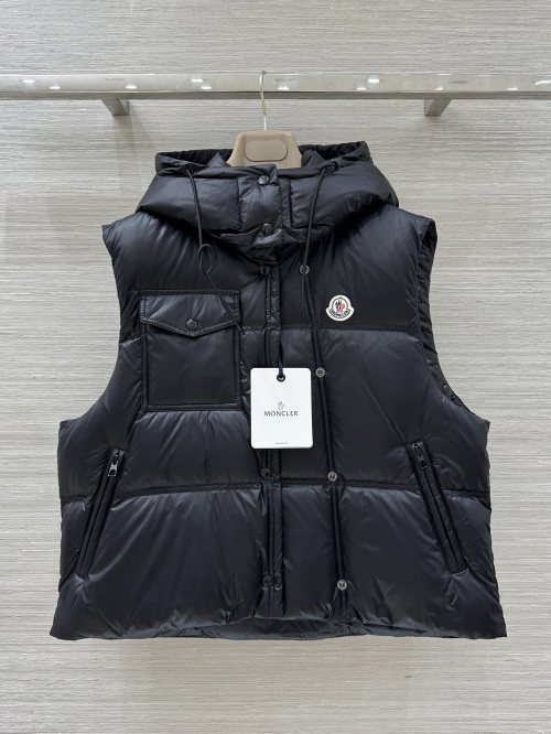 Moncler Down Vest With Hooded Padded Quilted Gilet, Black - S to L Size 1 Moncler Down Vest With Hooded Padded Quilted Gilet, Black - S to L Size