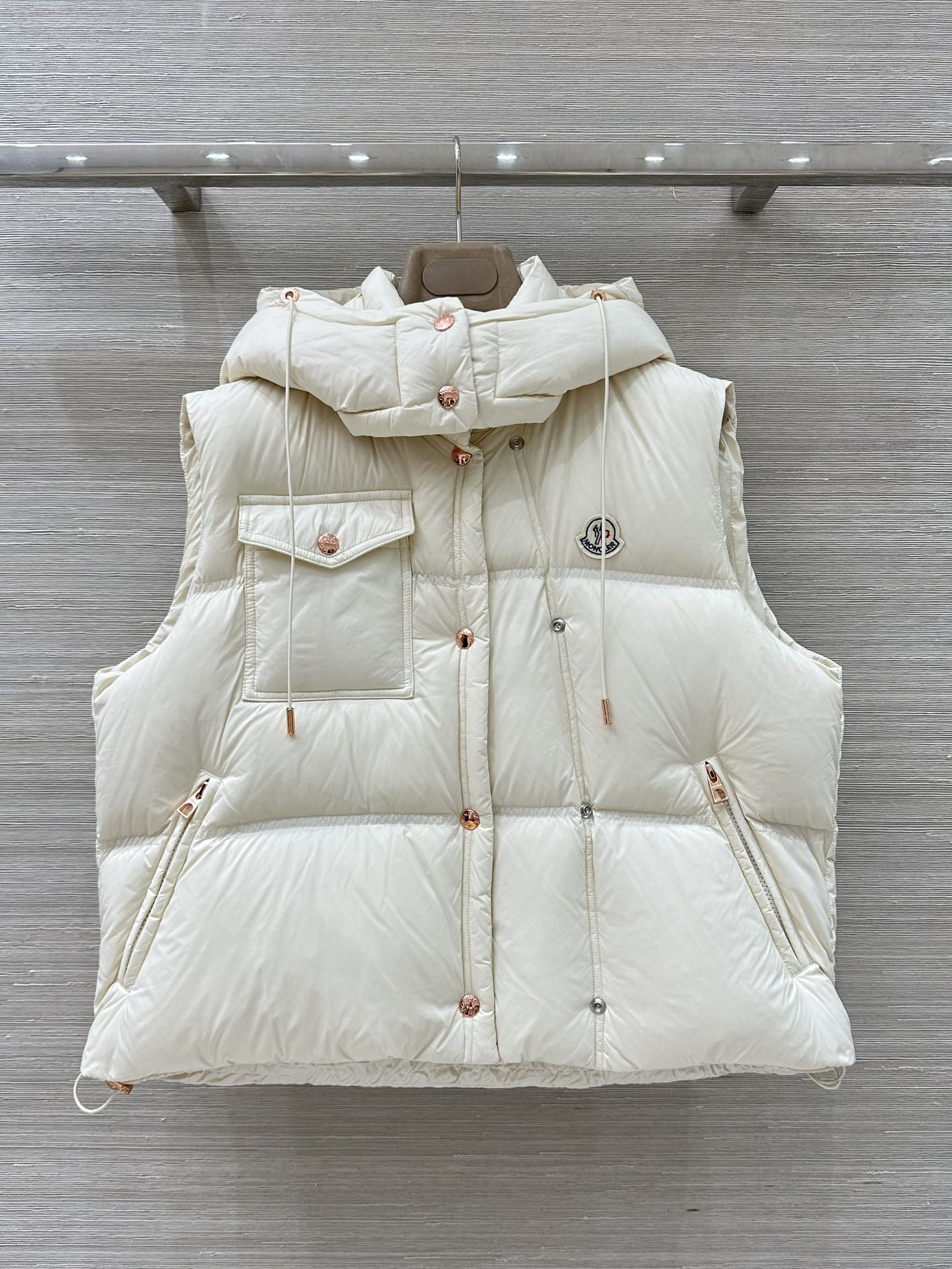 Moncler Women's Cream Padded Down Vest With Hood and Pocket Design