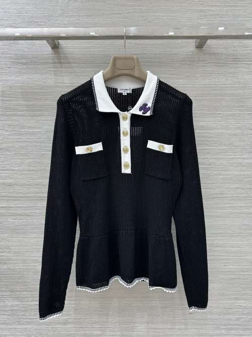 CHANEL Contrasting Trim Knit Top, Long Sleeve Wool Blend Sweater 1 CHANEL Contrasting Trim Knit Top, Long Sleeve Wool Blend Sweater