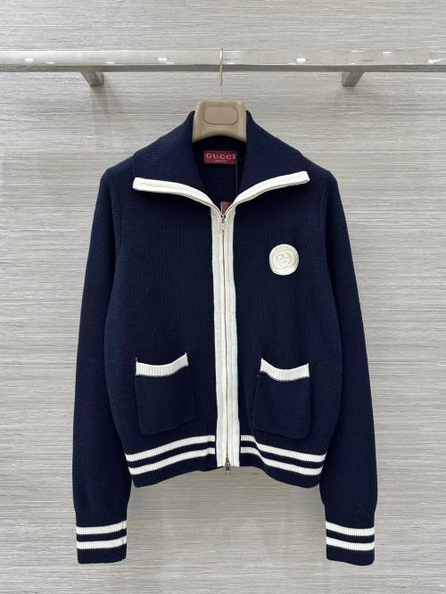 Gucci Navy Wool Blend Knit Zip-Up Cardigan with Embroidered Logo Patch 1 Gucci Navy Wool Blend Knit Zip-Up Cardigan with Embroidered Logo Patch