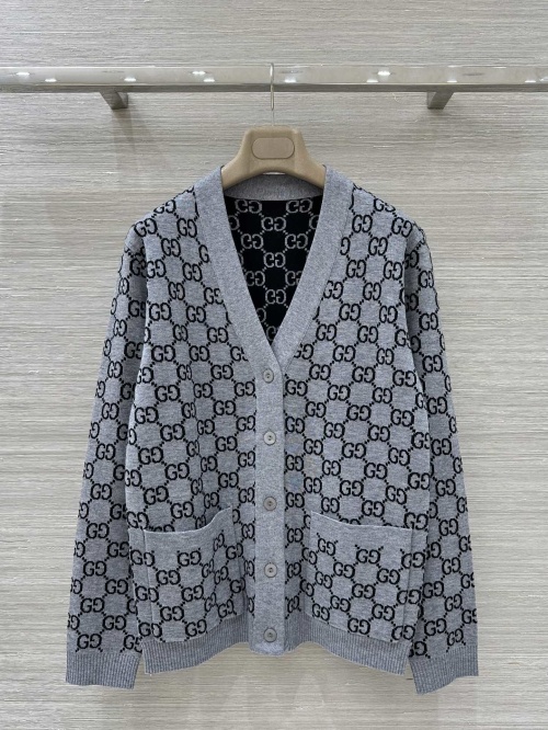 Gucci Reversible Jacquard Wool Cardigan, V-Neck Button-Down, Gray 1 Gucci Reversible Jacquard Wool Cardigan, V-Neck Button-Down, Gray
