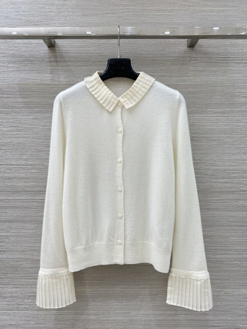 Elegant Collared Cashmere Cardigan with Pleated Silk Trim - Chic & Versatile 1 Elegant Collared Cashmere Cardigan with Pleated Silk Trim - Chic & Versatile