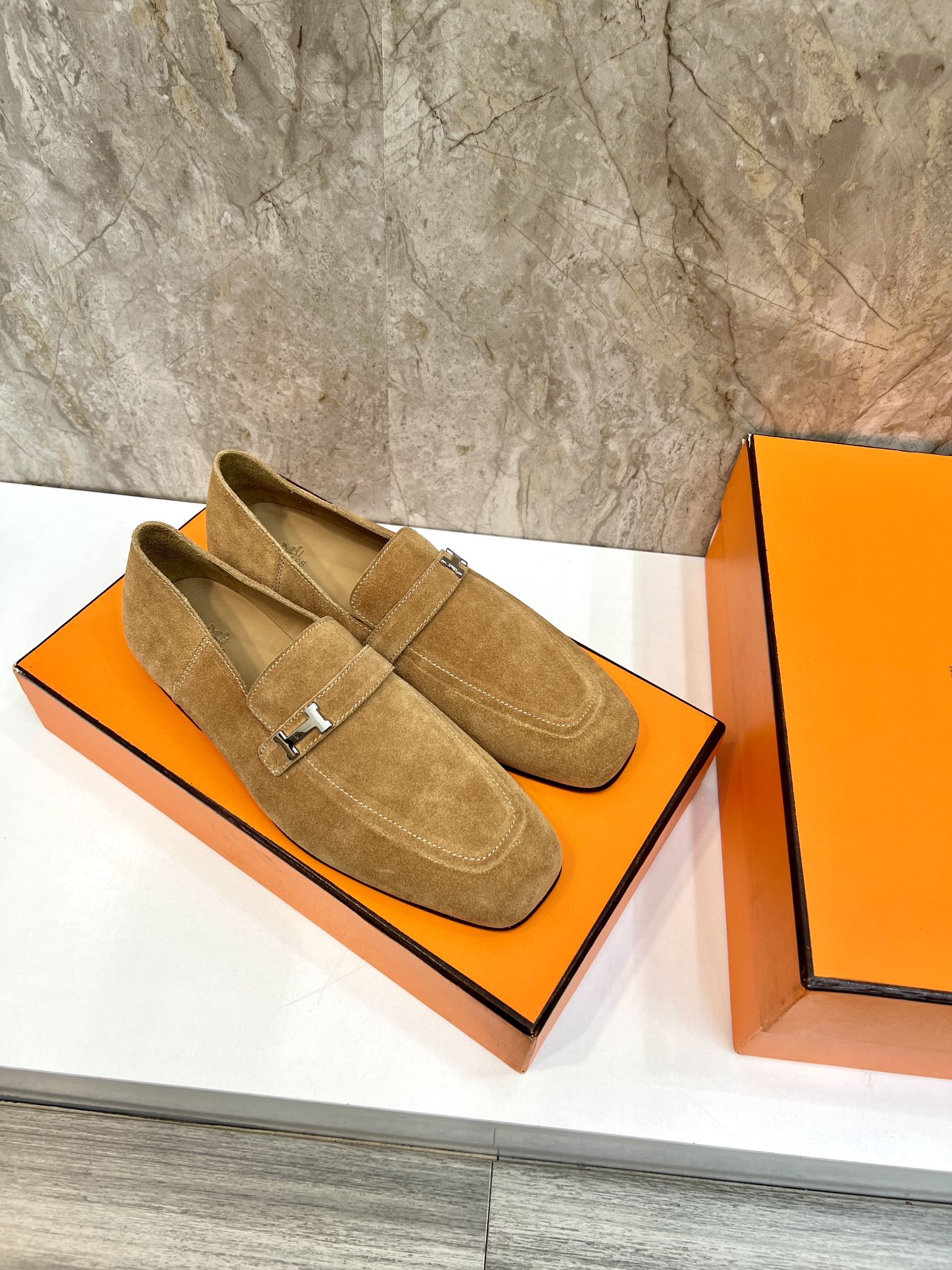 Hermes Giovanni Loafers: Elegant Suede Leather Shoes with Palladium Buckle 5 i1696481172 3916 3