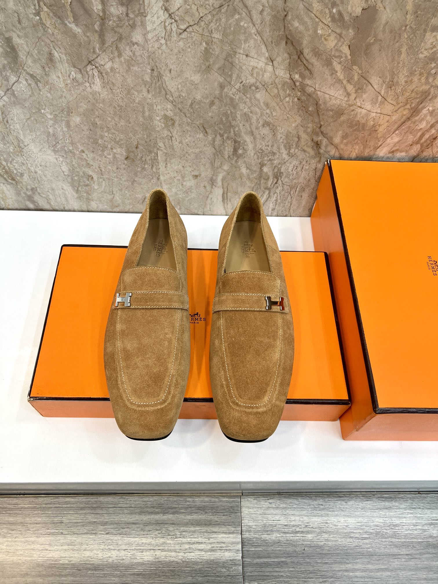 Hermes Giovanni Loafers: Elegant Suede Leather Shoes with Palladium Buckle 1 Hermes Giovanni Loafers: Elegant Suede Leather Shoes with Palladium Buckle
