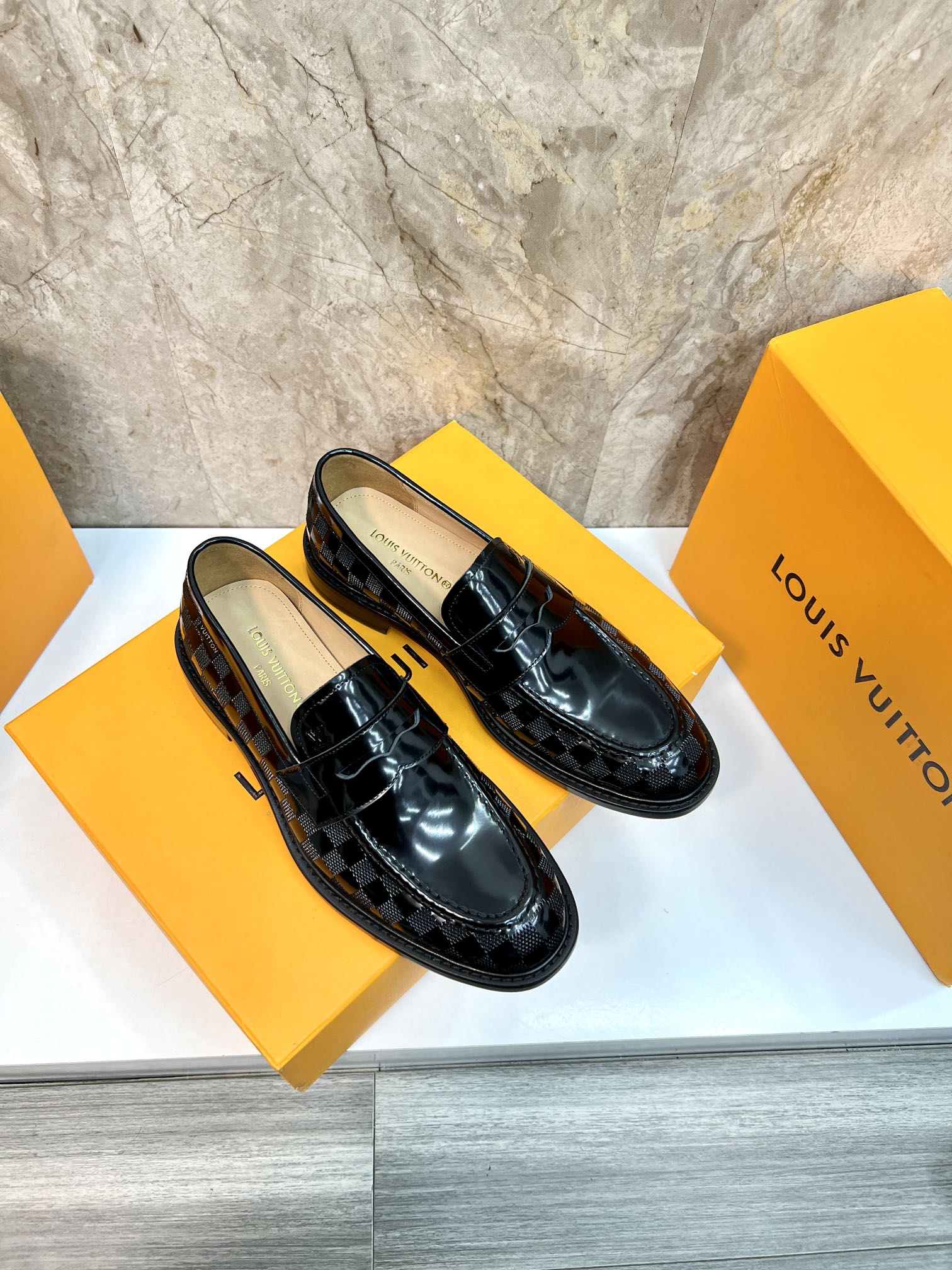 Louis Vuitton Men's Formal Leather Loafers with Damier Pattern, Black 4 i1715222765 2481 8