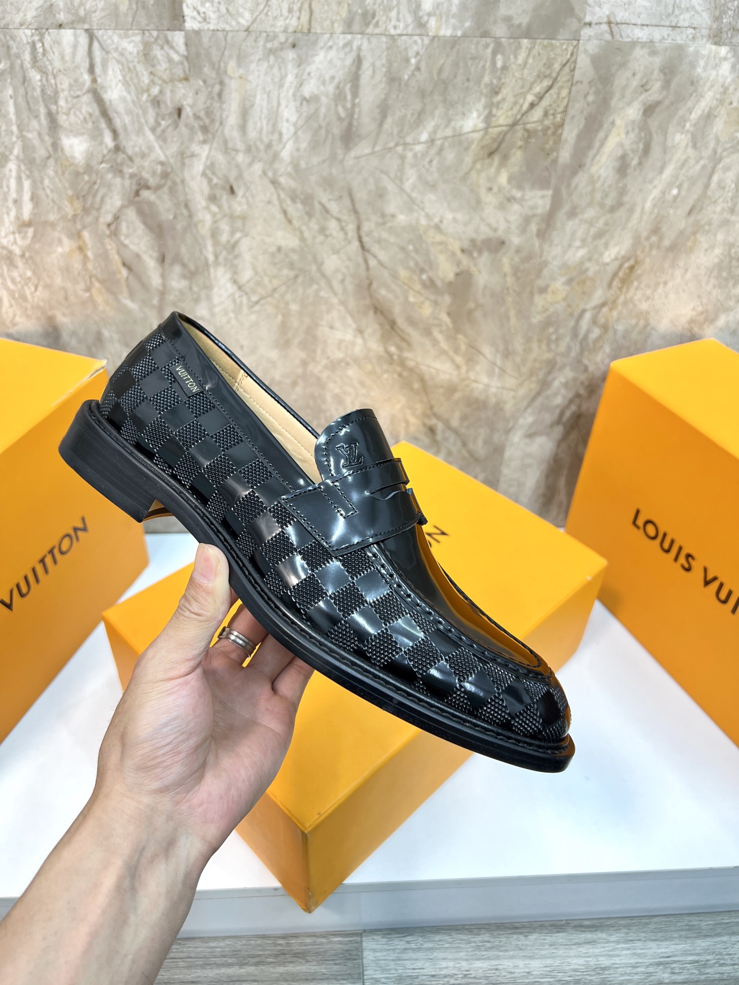 Louis Vuitton Men's Formal Leather Loafers with Damier Pattern, Black 7 i1715222765 7829 3
