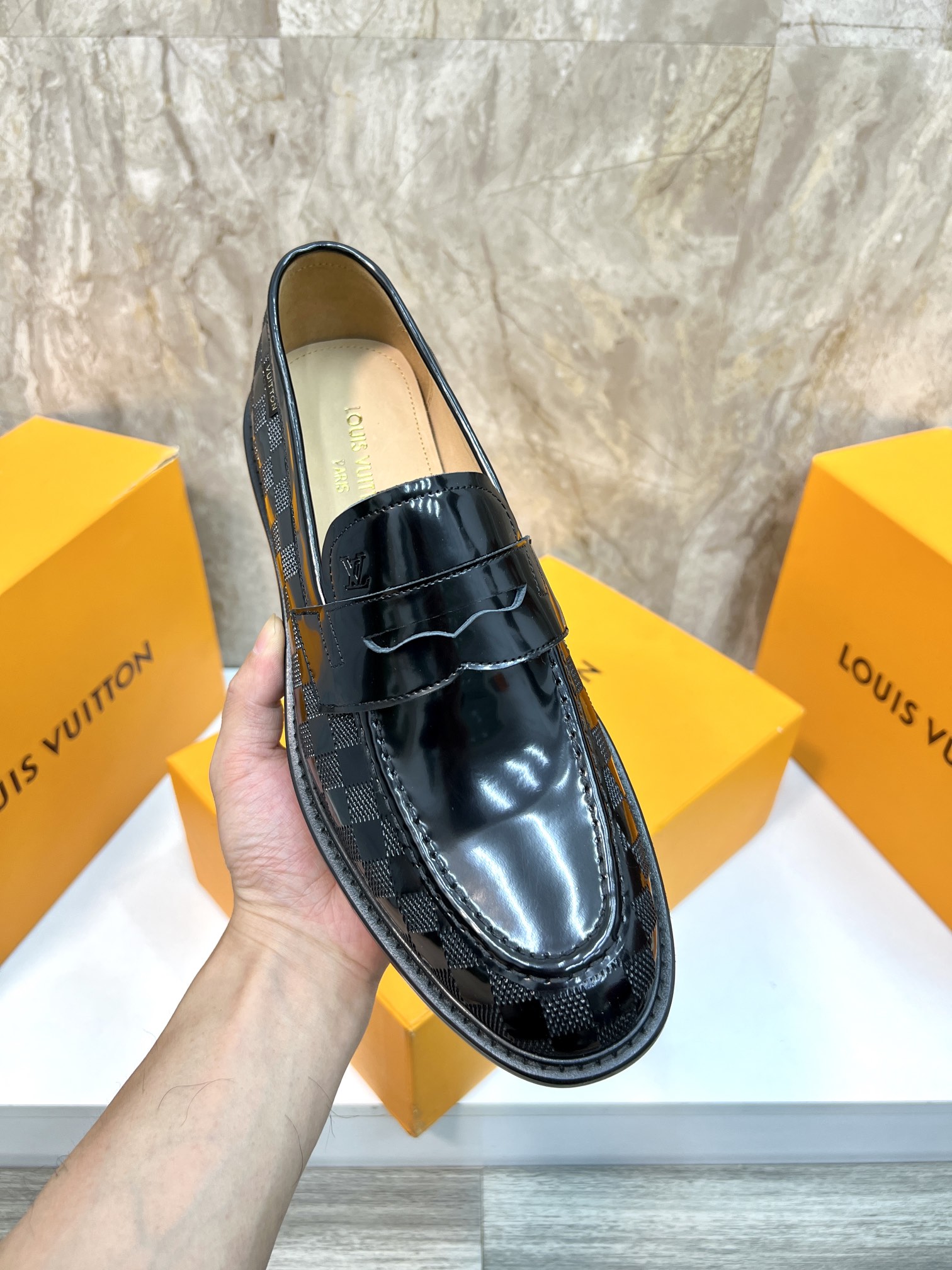 Louis Vuitton Men's Formal Leather Loafers with Damier Pattern, Black 8 i1715222765 8755 6