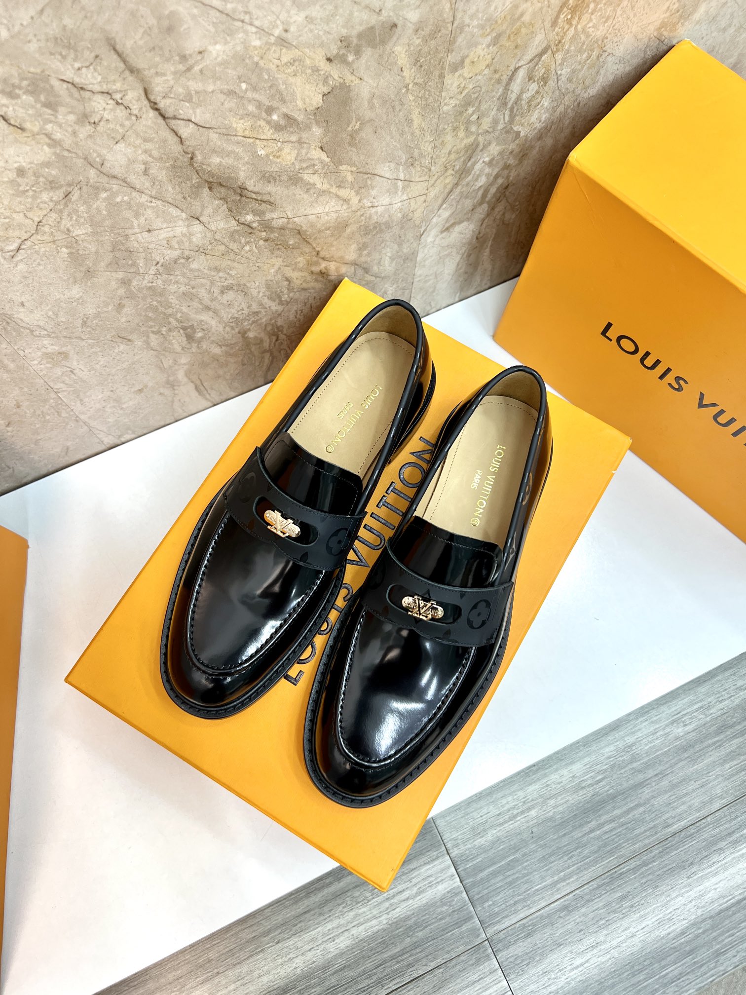 Louis Vuitton Men's Black Leather Loafers with Damier Motif - Size 39-44 3 i1715222800 1 8