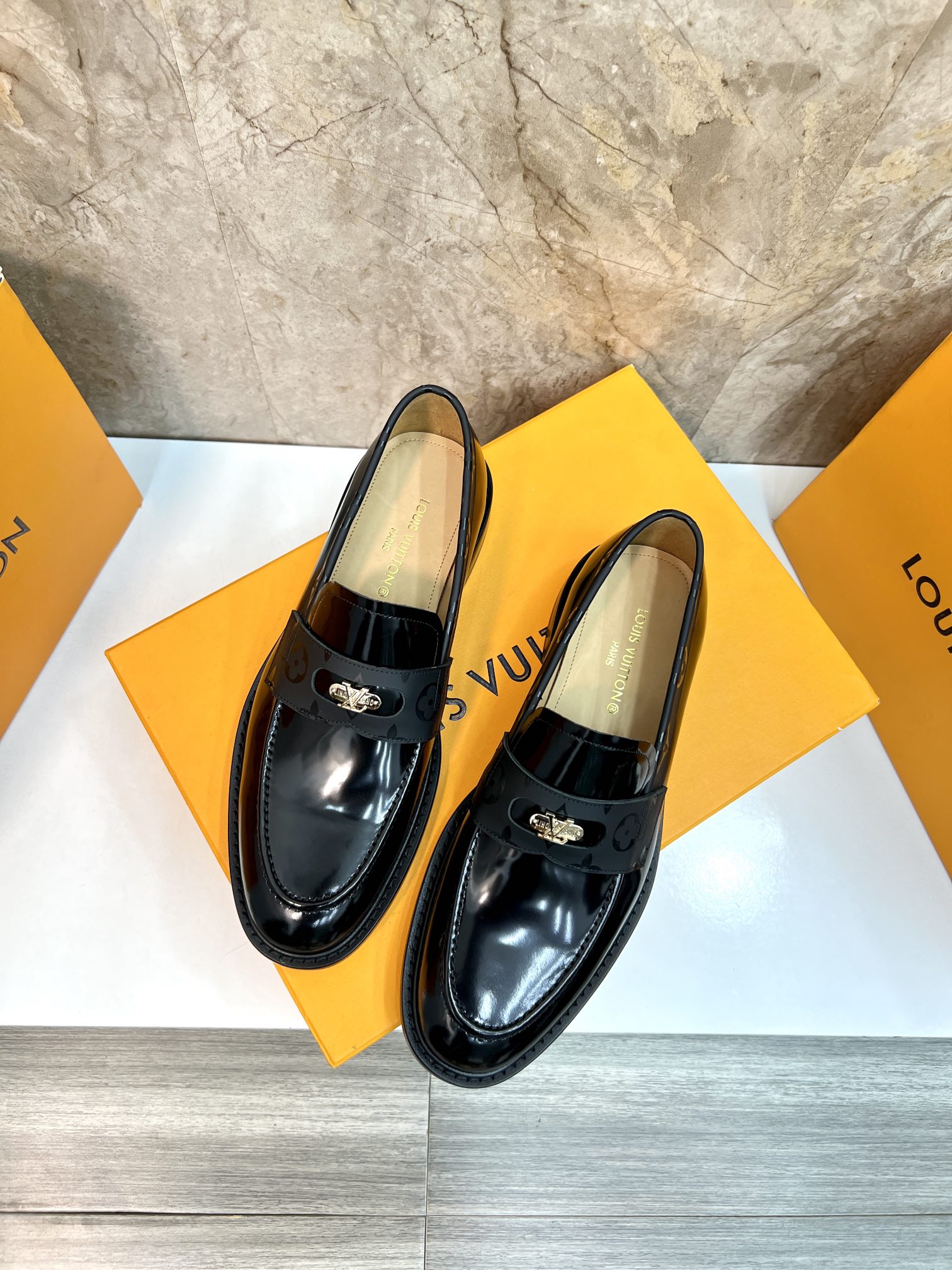 Louis Vuitton Men's Black Leather Loafers with Damier Motif - Size 39-44 5 i1715222800 43 3