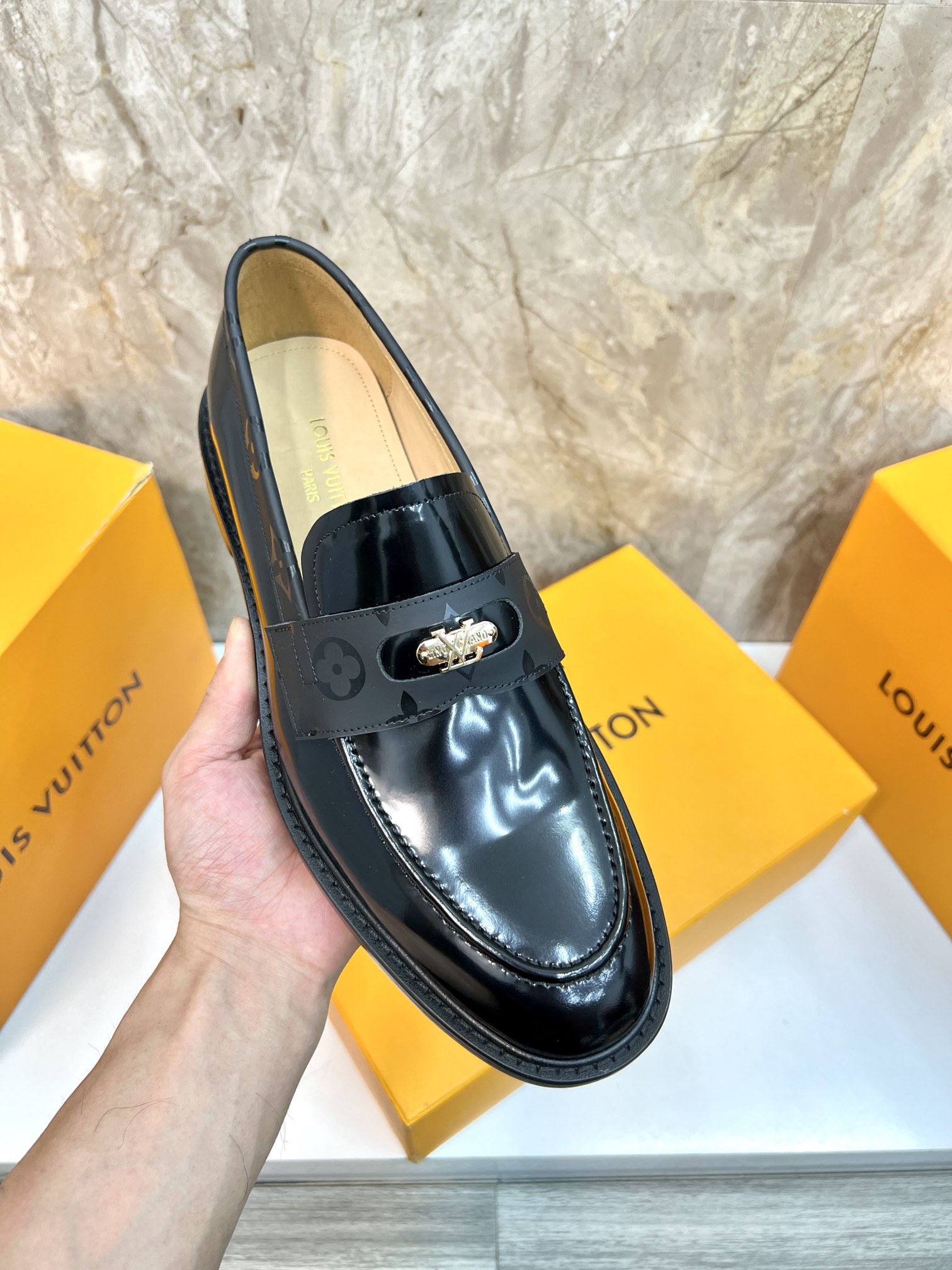 Louis Vuitton Men's Black Leather Loafers with Damier Motif - Size 39-44 8 i1715222800 5109 2