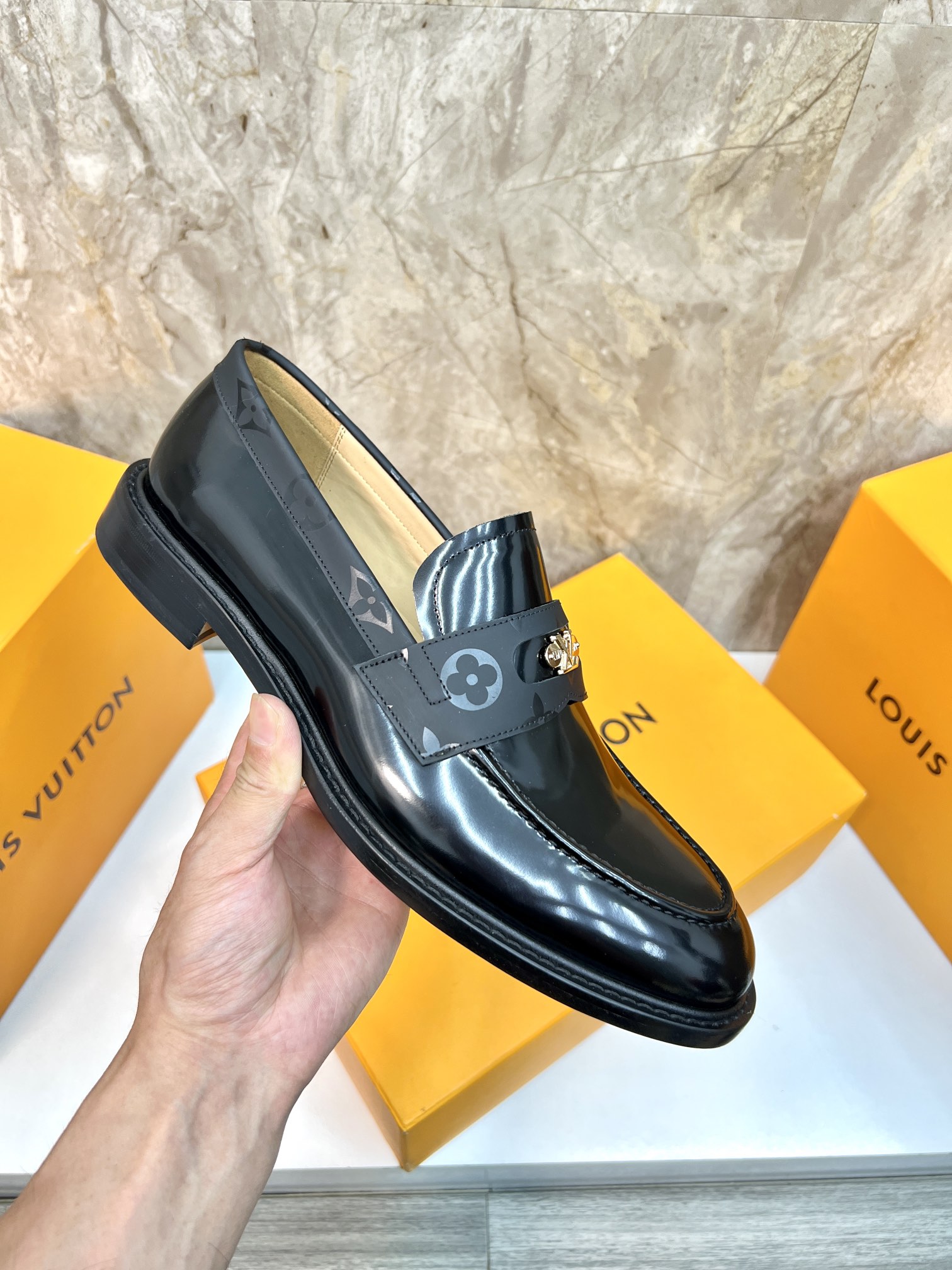 Louis Vuitton Men's Black Leather Loafers with Damier Motif - Size 39-44 7 i1715222800 7667 1