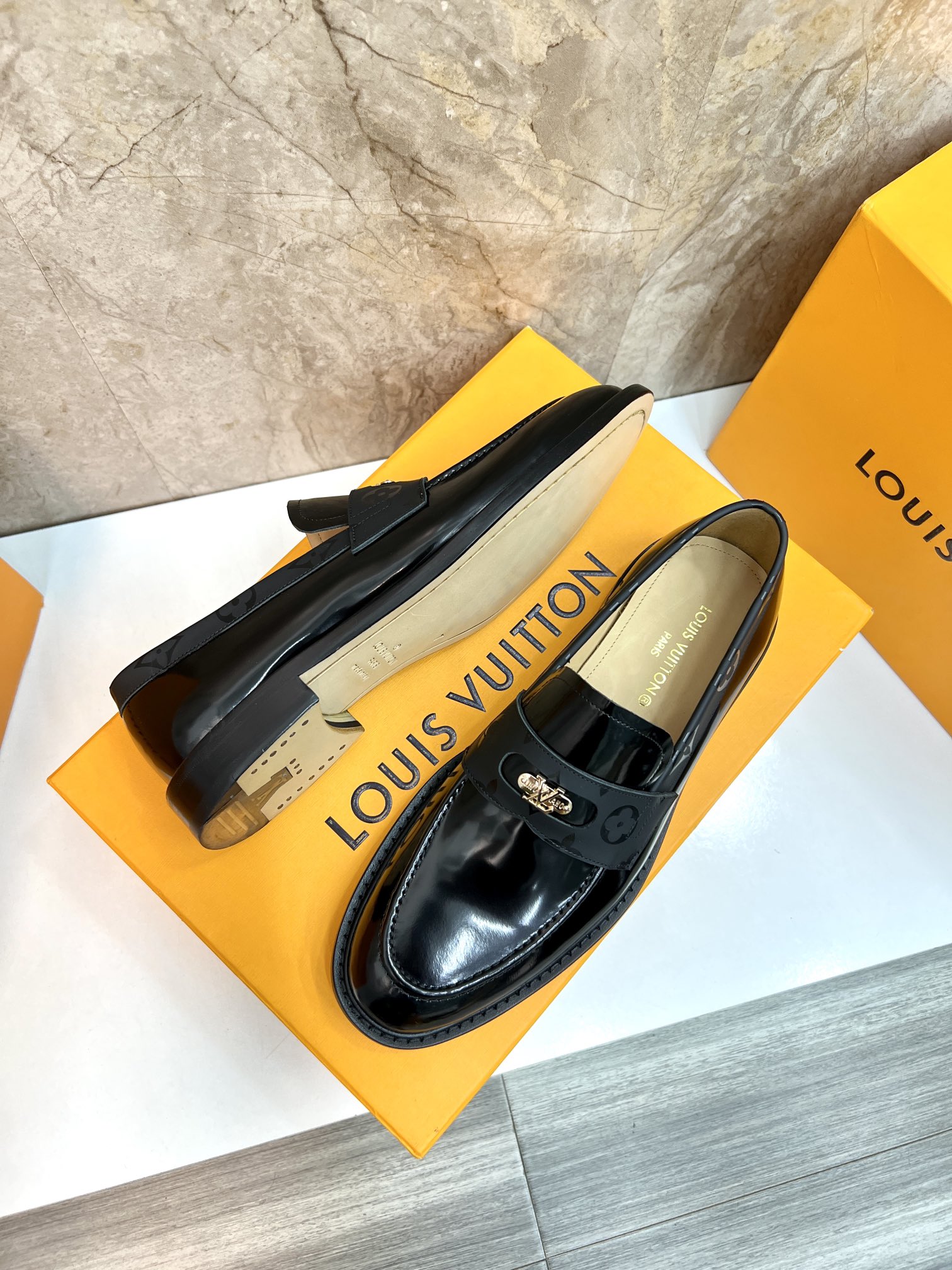 Louis Vuitton Men's Black Leather Loafers with Damier Motif - Size 39-44 6 i1715222800 9294 7