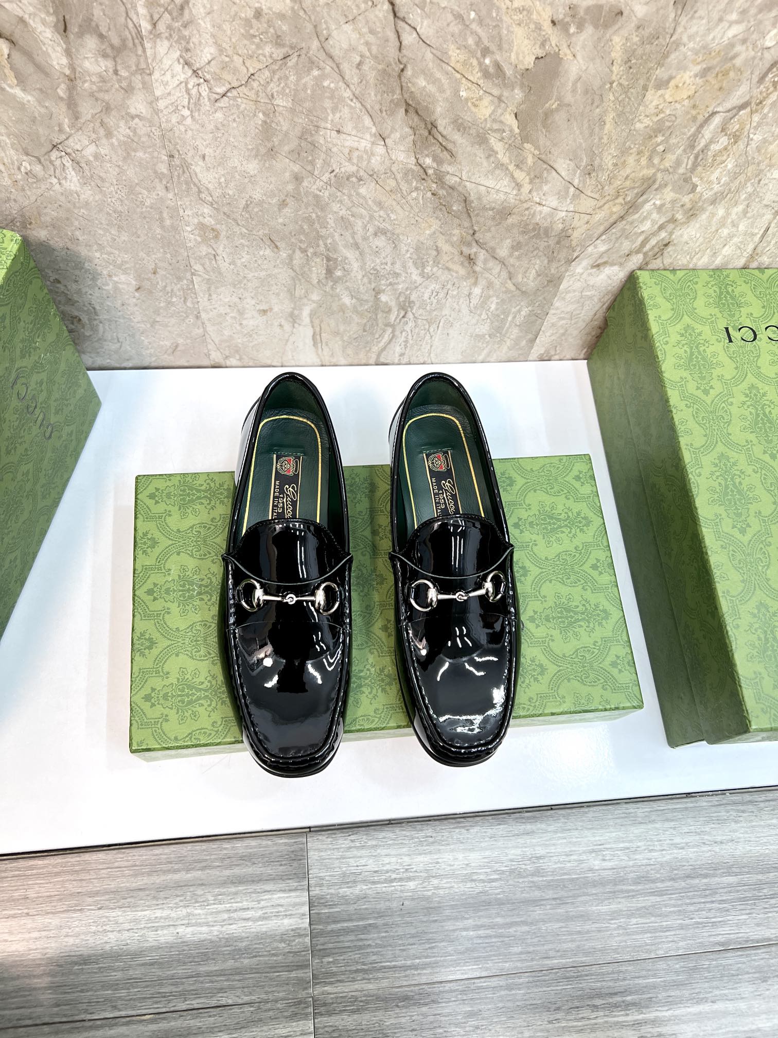 Gucci Shoes Loafers Black Green Silver Men Cowhide Genuine Leather Fashion