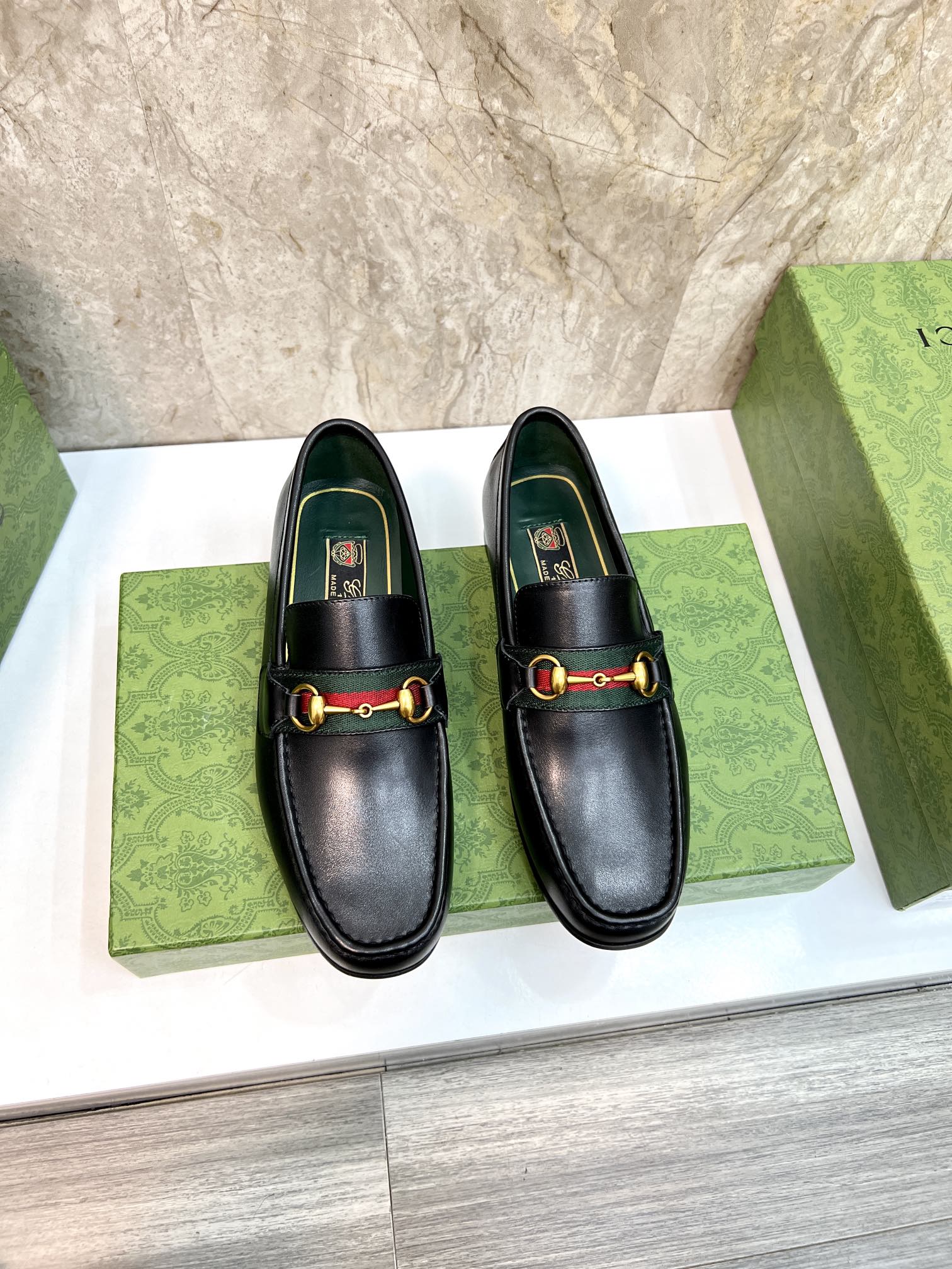 Gucci Shoes Loafers Black Green Silver Men Cowhide Genuine Leather Fashion