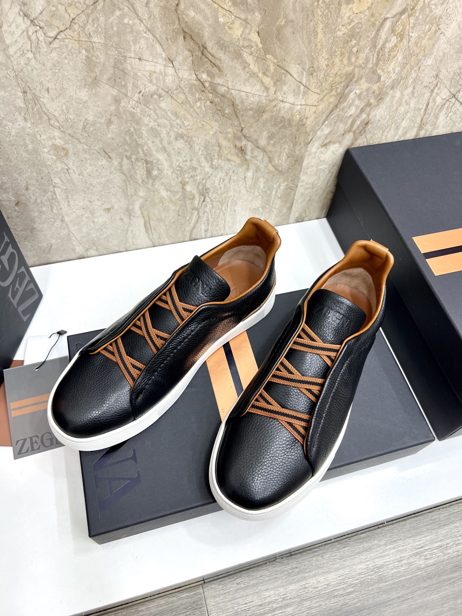 Zegna Triple Stitch Leather Sneakers - Slip-On Style, Black 4 i1719725774 9809 1