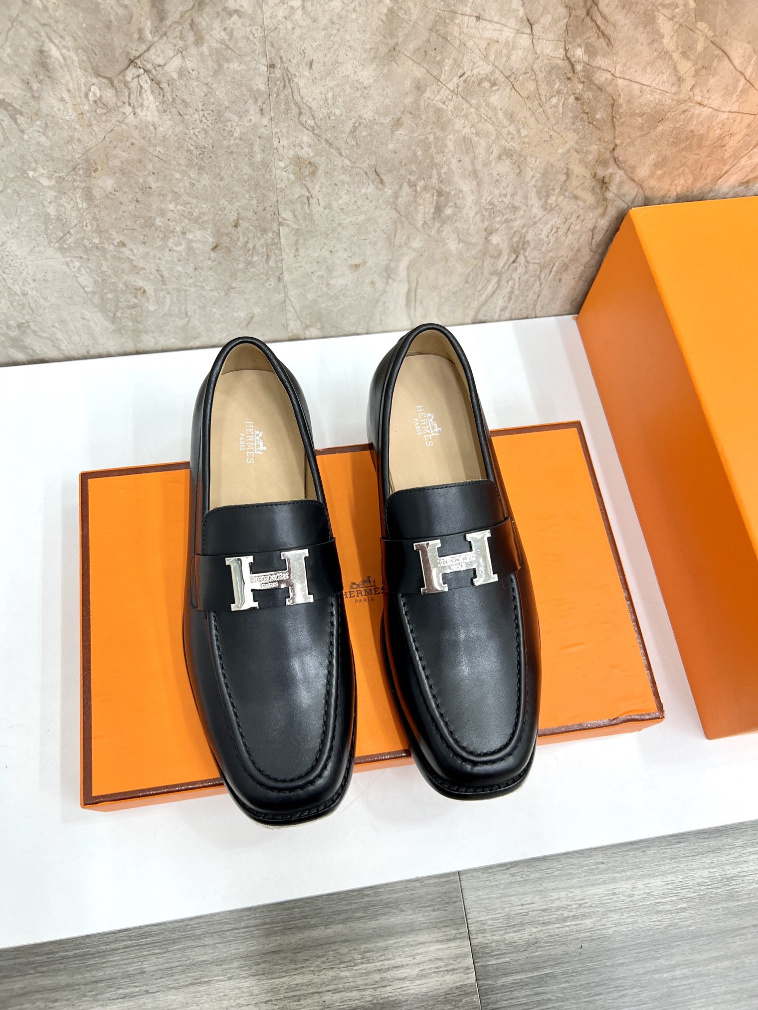 Hermes Shoes Loafers Plain Toe Vintage Gold Cowhide Genuine Leather Rubber