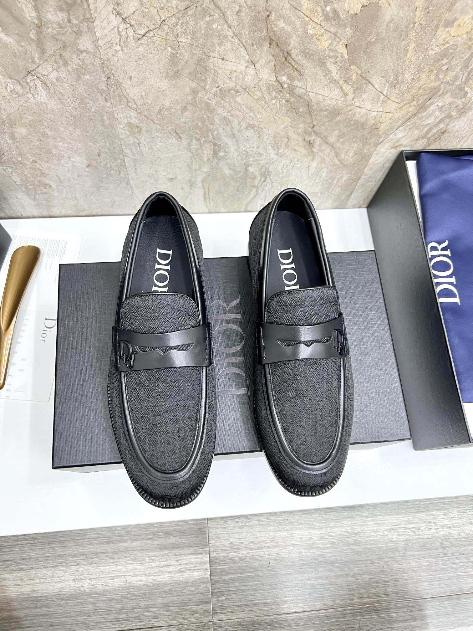 Dior Good
 Loafers Plain Toe Single Layer Shoes Beige Black Printing Calfskin Cowhide Genuine Leather Oblique Low Tops