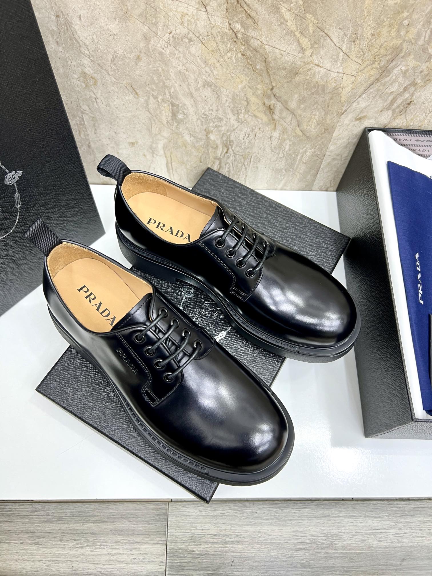 Prada Men's Black Leather Oxford Shoes, Classic Lace-Up Dress Shoes Size 39-44 5 i1724702990 1768 3
