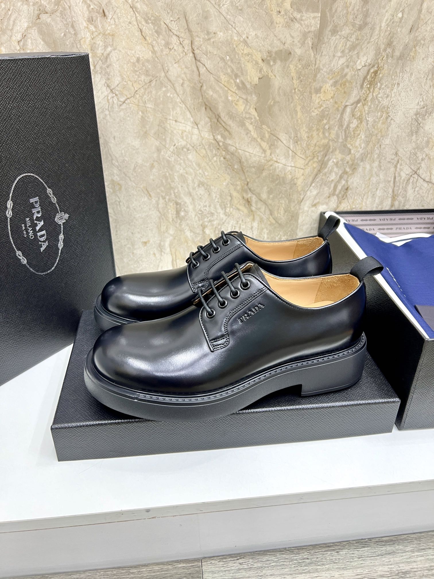 Prada Men's Black Leather Oxford Shoes, Classic Lace-Up Dress Shoes Size 39-44 3 i1724702990 2494 7