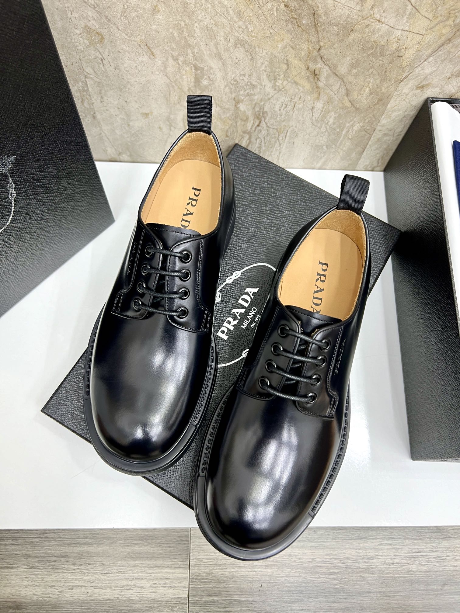 Prada Men's Black Leather Oxford Shoes, Classic Lace-Up Dress Shoes Size 39-44 6 i1724702990 3391 0