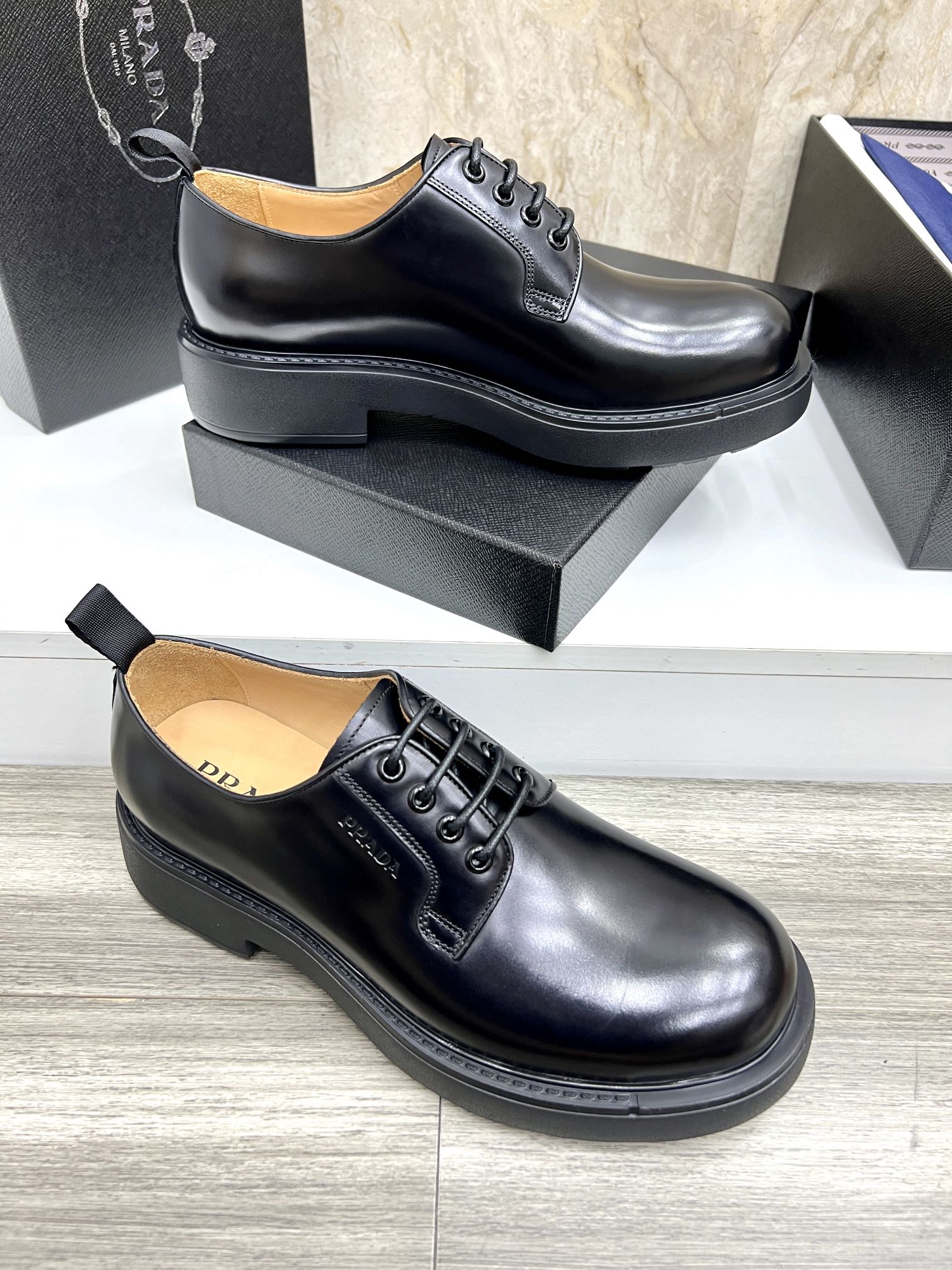 Prada Men's Black Leather Oxford Shoes, Classic Lace-Up Dress Shoes Size 39-44 7 i1724702990 7098 1
