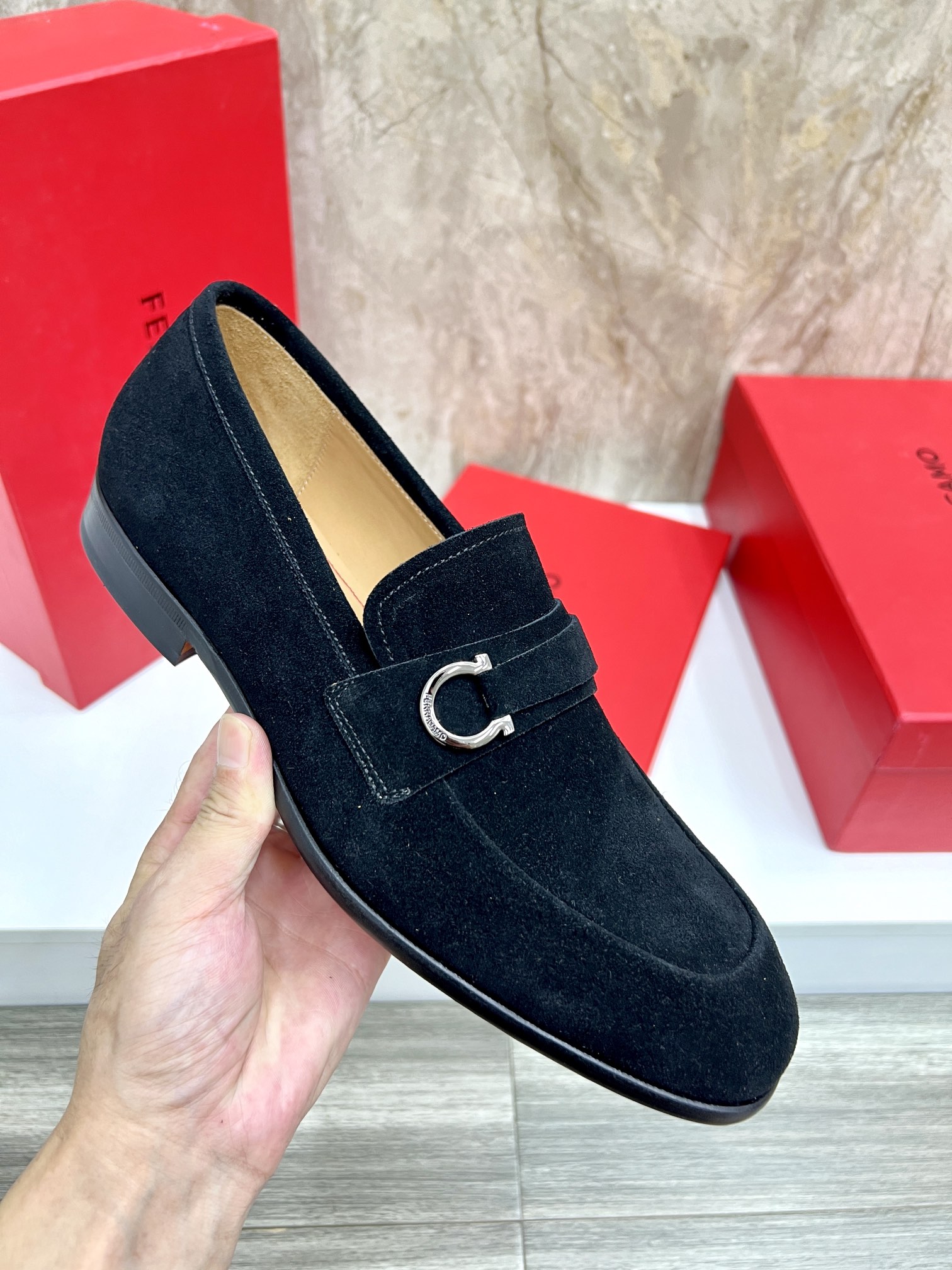 SF Ferragamo Men's Black Suede Loafers with Buckle Detail - Size 39-44 8 i1726951429 8303 4