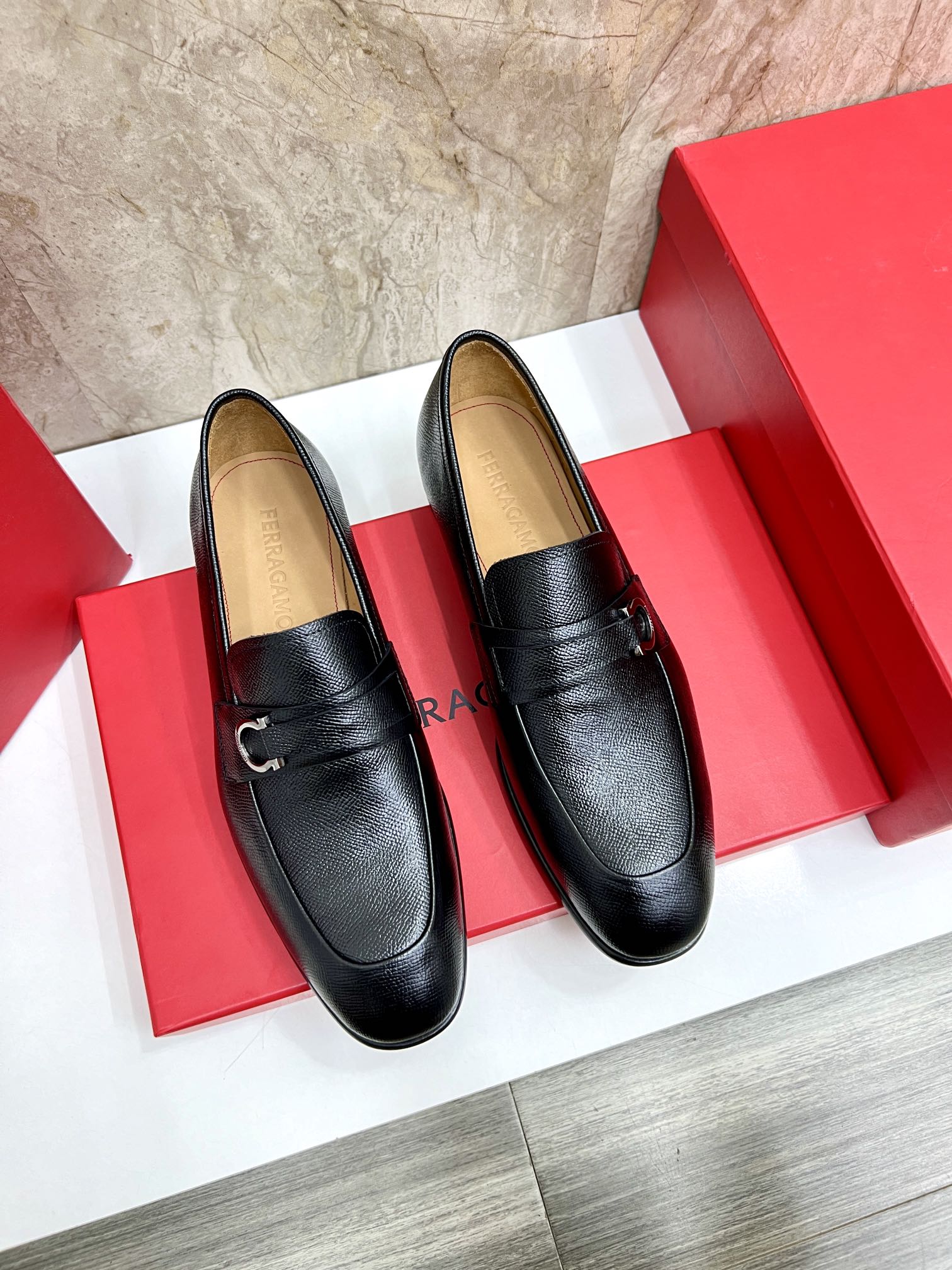 Salvatore Ferragamo Men's Black Leather Loafers with Gancini Detail 1 Salvatore Ferragamo Men's Black Leather Loafers with Gancini Detail