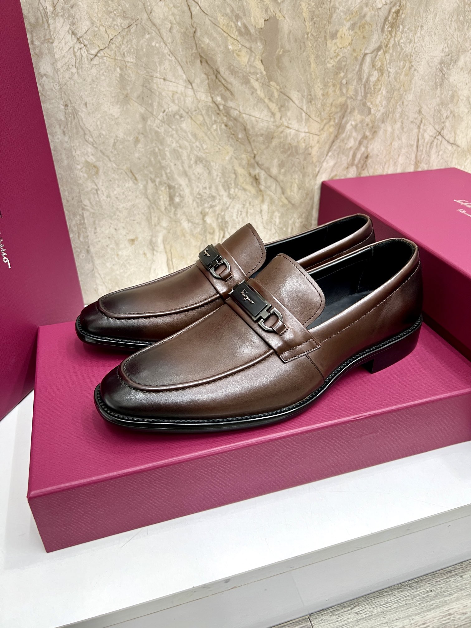 Salvatore Ferragamo Men's Leather Loafers with Gancini Ornament, Brown 3 i1727294058 4758 0