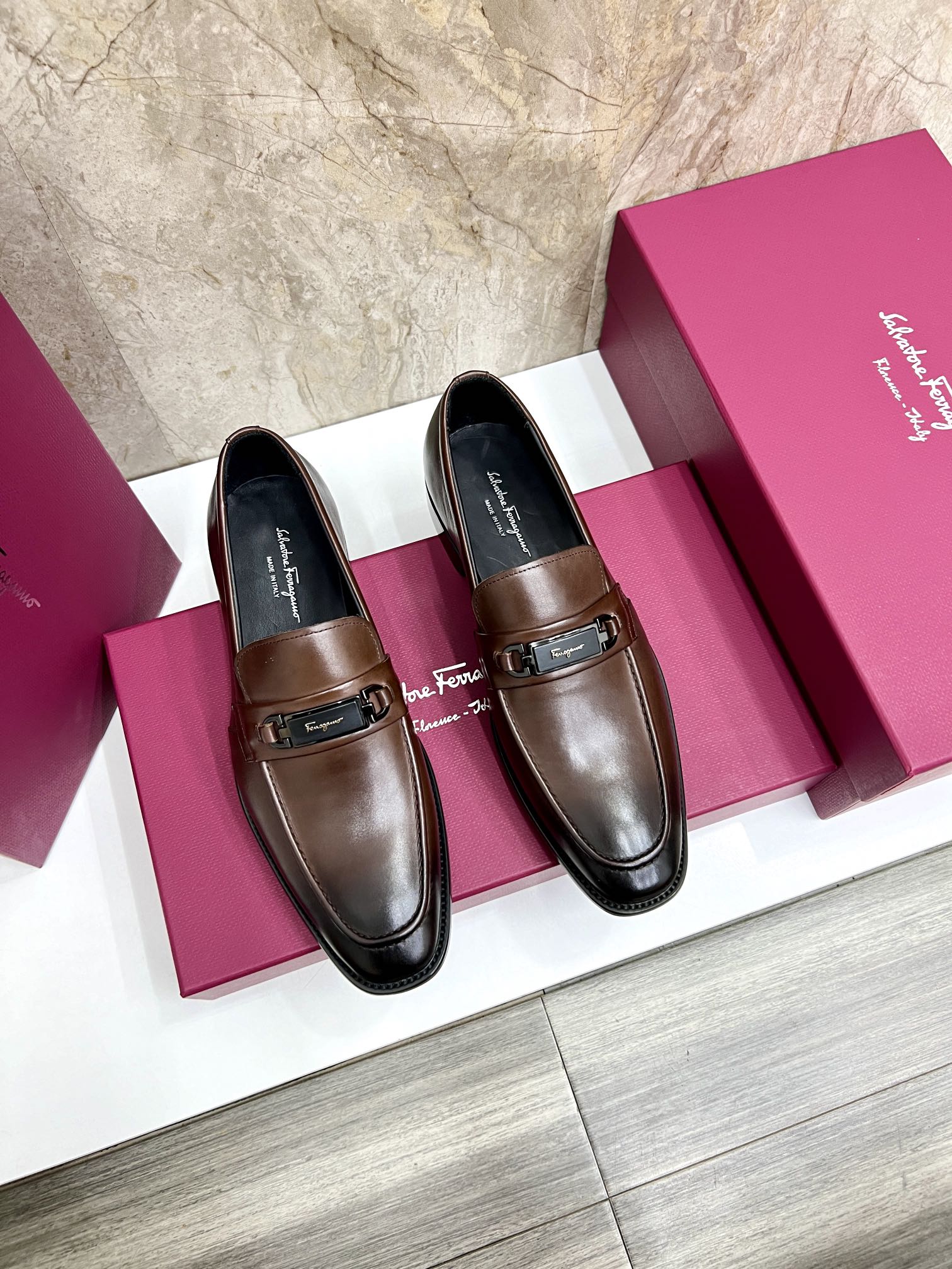 Salvatore Ferragamo Men's Leather Loafers with Gancini Ornament, Brown 2 i1727294058 9203 4