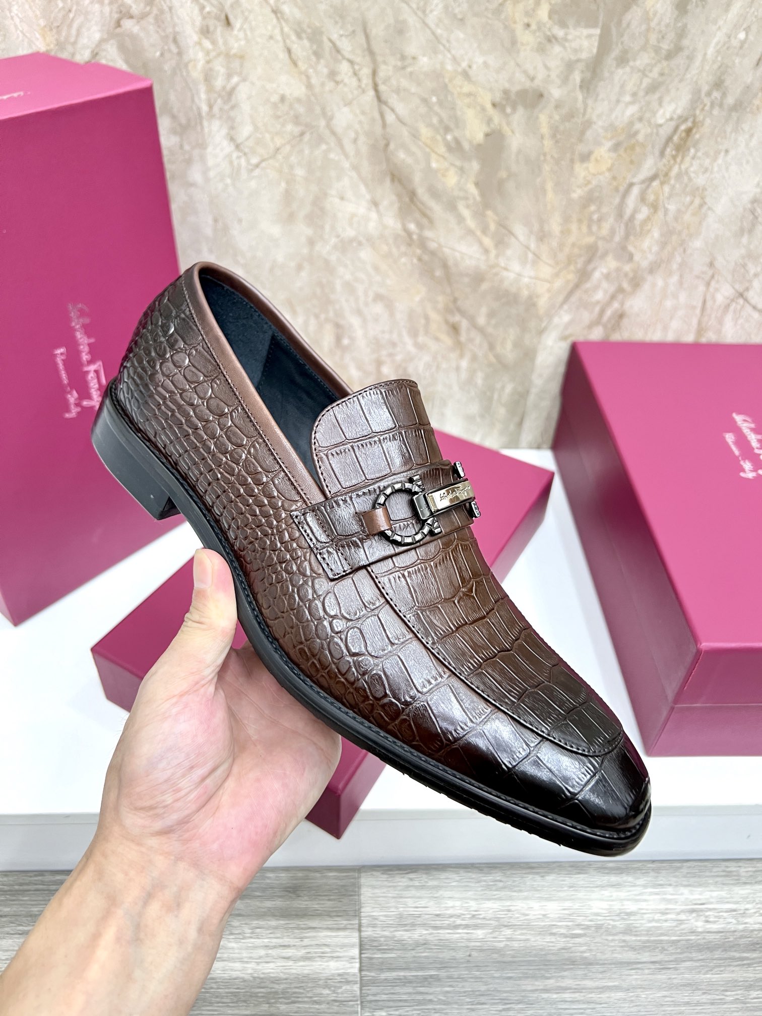 Salvatore Ferragamo Men's Brown Leather Loafers with Gancini Ornament 8 i1727294093 3247 4