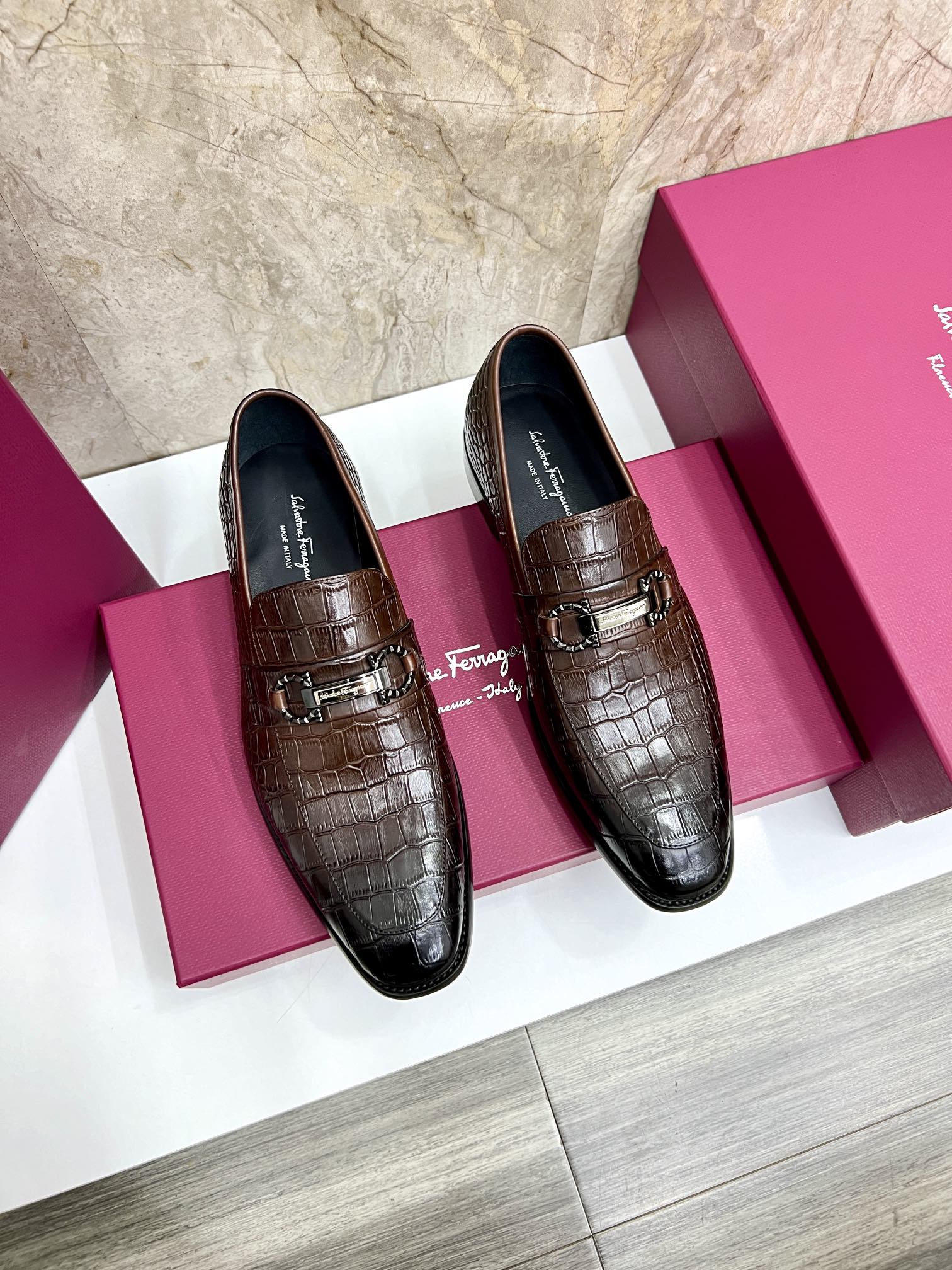 Salvatore Ferragamo Men's Brown Leather Loafers with Gancini Ornament 2 i1727294093 5295 3