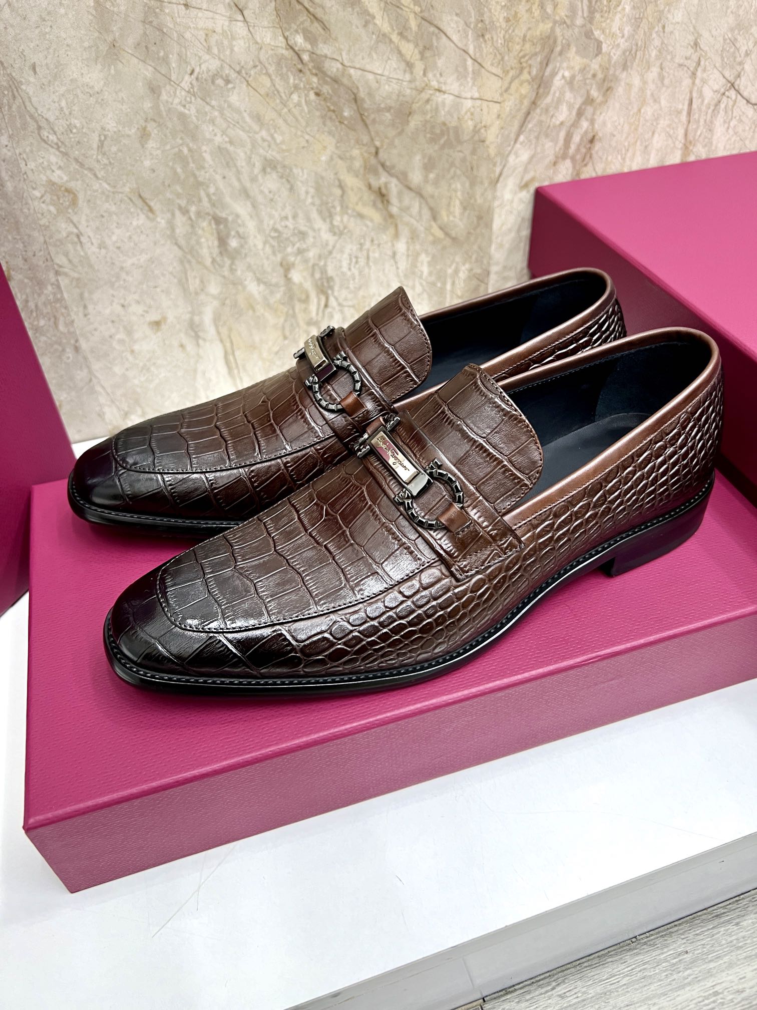 Salvatore Ferragamo Men's Brown Leather Loafers with Gancini Ornament 3 i1727294093 6112 2