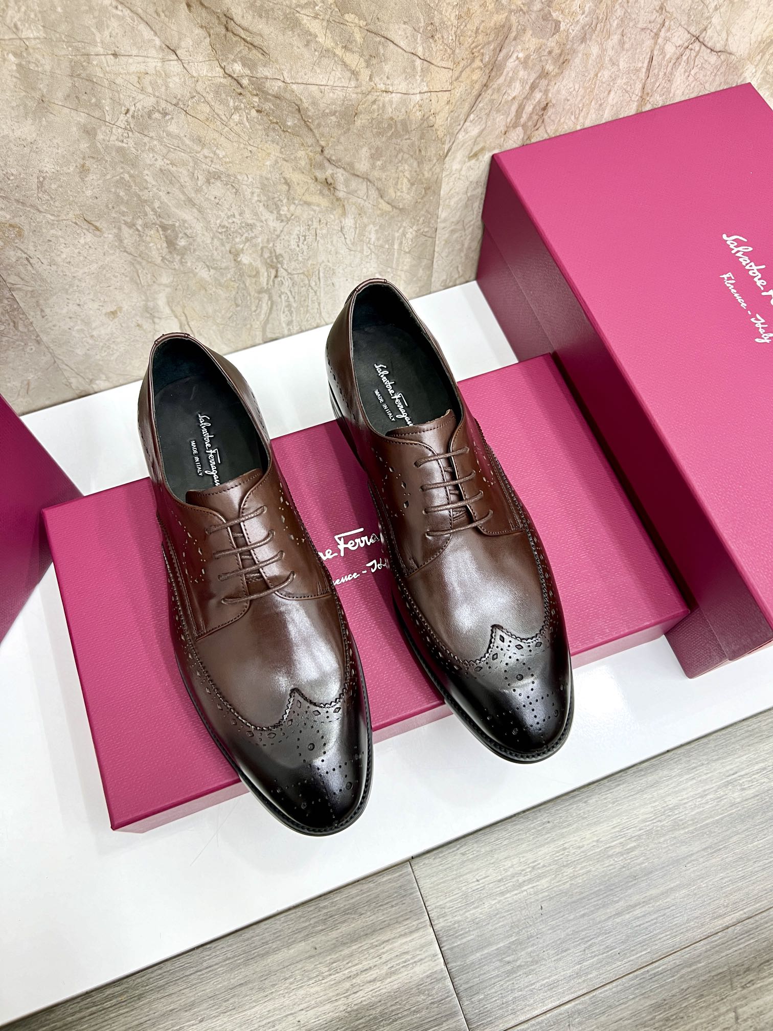 Salvatore Ferragamo Men's Brown Leather Wingtip Oxford Dress Shoes 2 i1727294197 9095 0