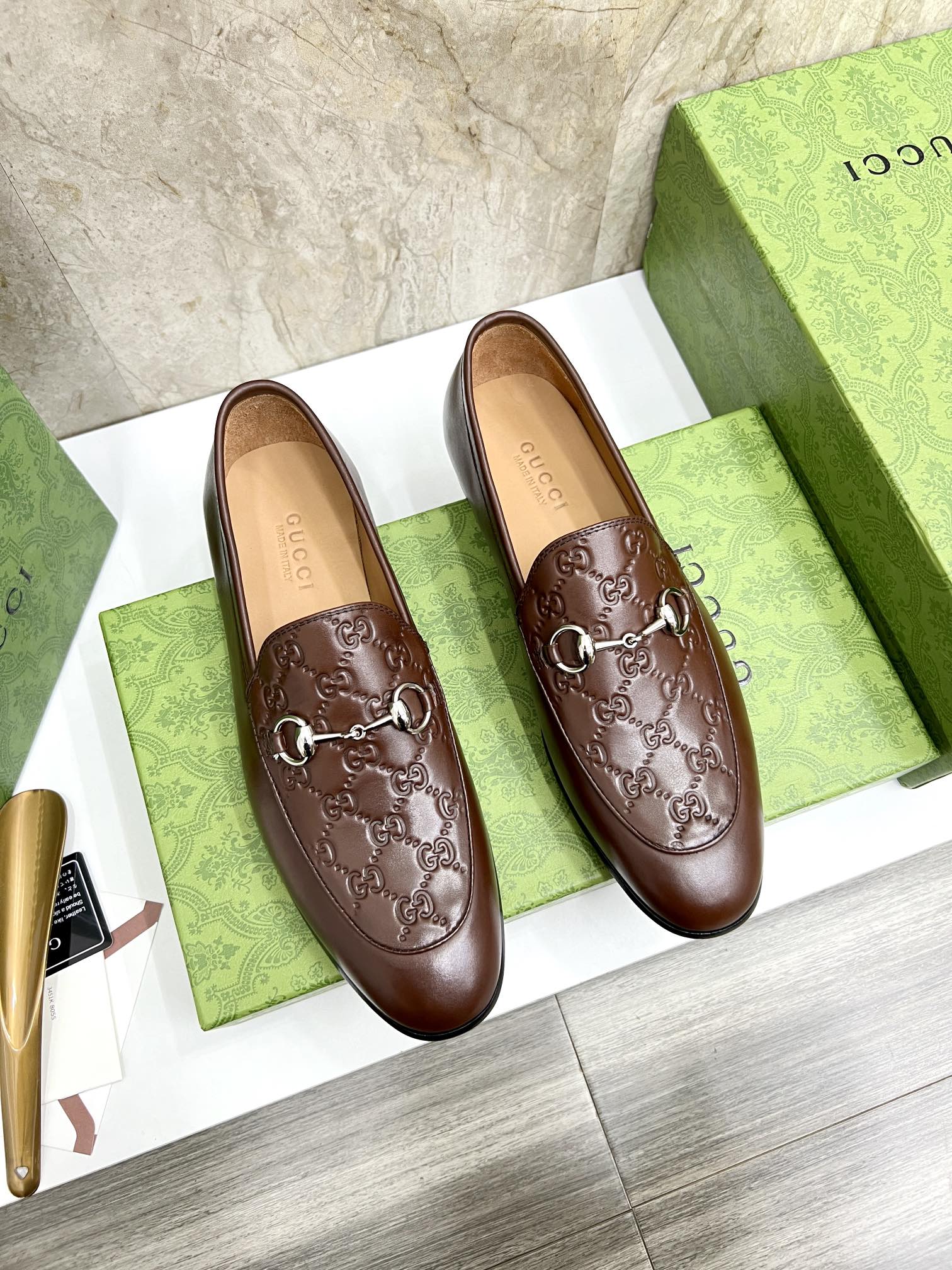 Gucci Men's Brown Leather Loafers with Metal Horsebit Detail, Size 39-44