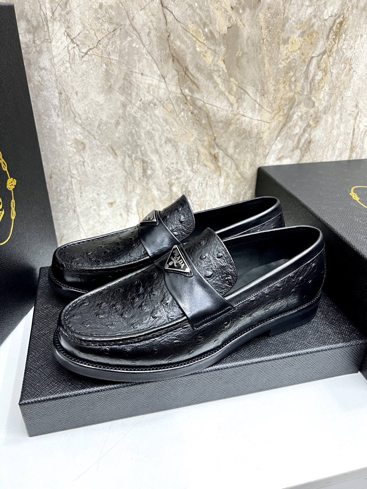 Prada Men's Black Leather Loafers with Ostrich Texture and Logo Accent 3 i1745038202611 6278 0 1