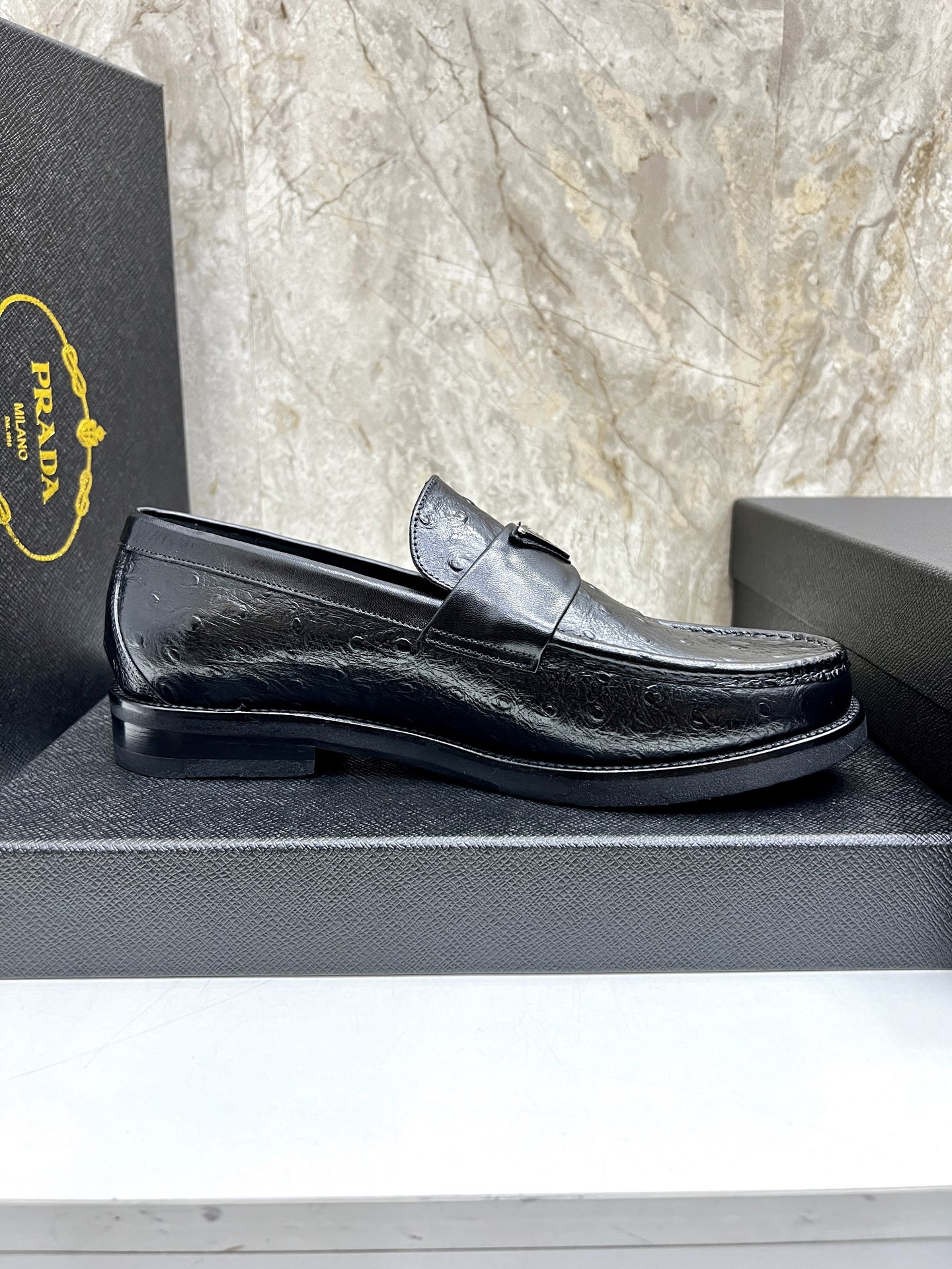 Prada Men's Black Leather Loafers with Ostrich Texture and Logo Accent 7 i1745038202636 94 0 5