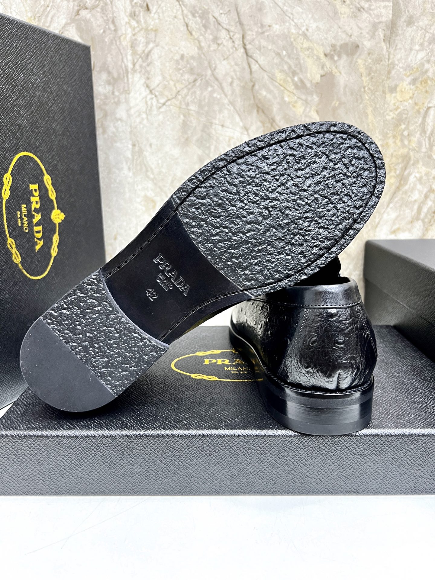 Prada Men's Black Leather Loafers with Ostrich Texture and Logo Accent 9 i1745038202676 8742 0 7