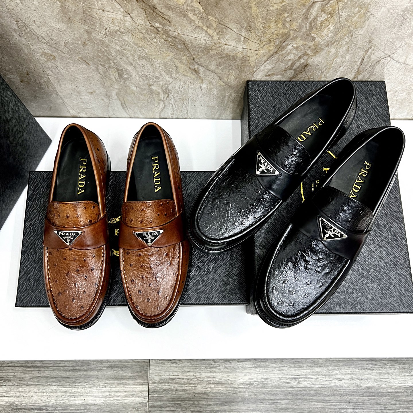 Prada Men's Black Leather Loafers with Ostrich Texture and Logo Accent 10 i1745038204308 7940 0 8