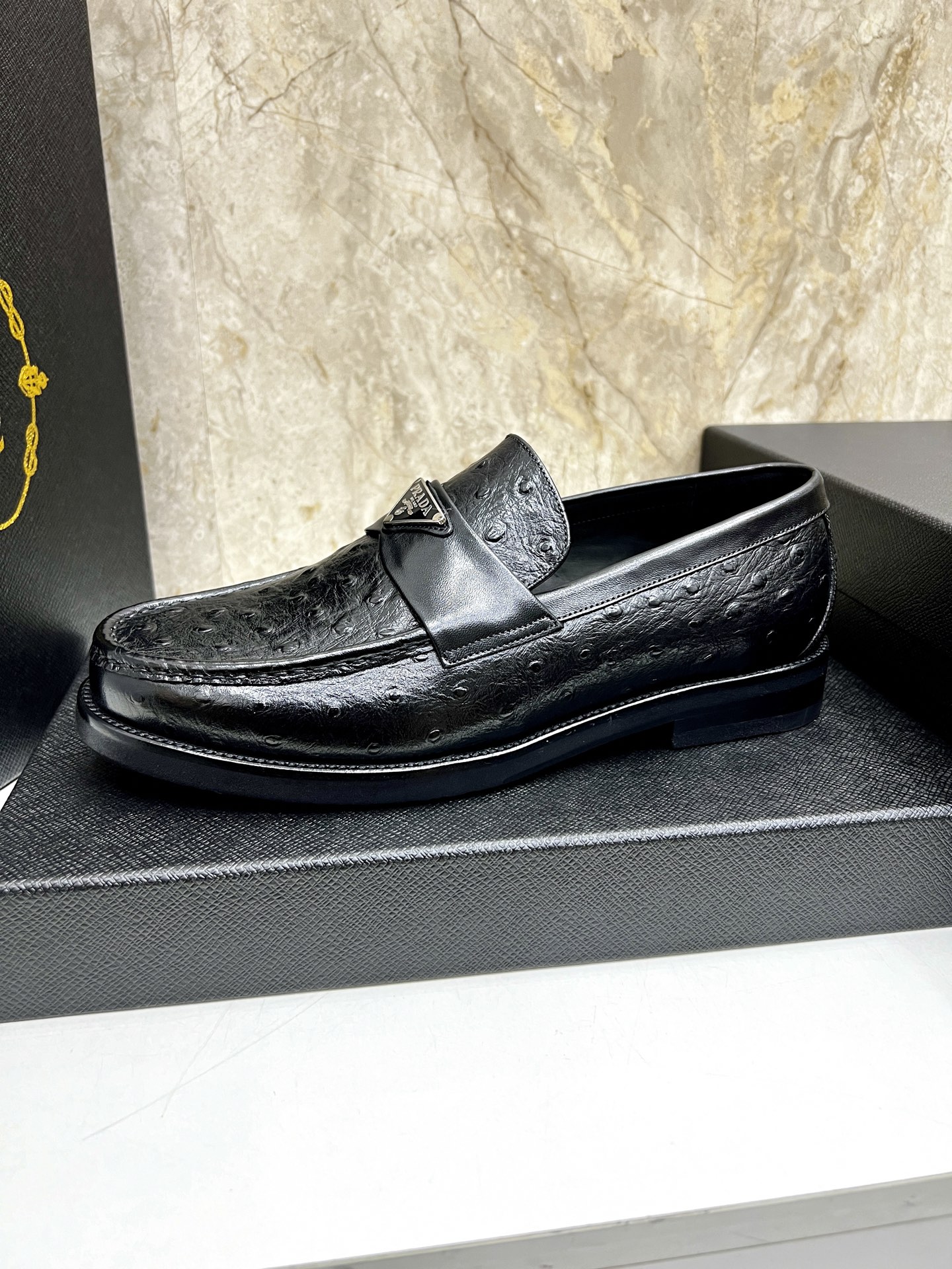 Prada Men's Black Leather Loafers with Ostrich Texture and Logo Accent 6 i1745038204423 8672 0 4
