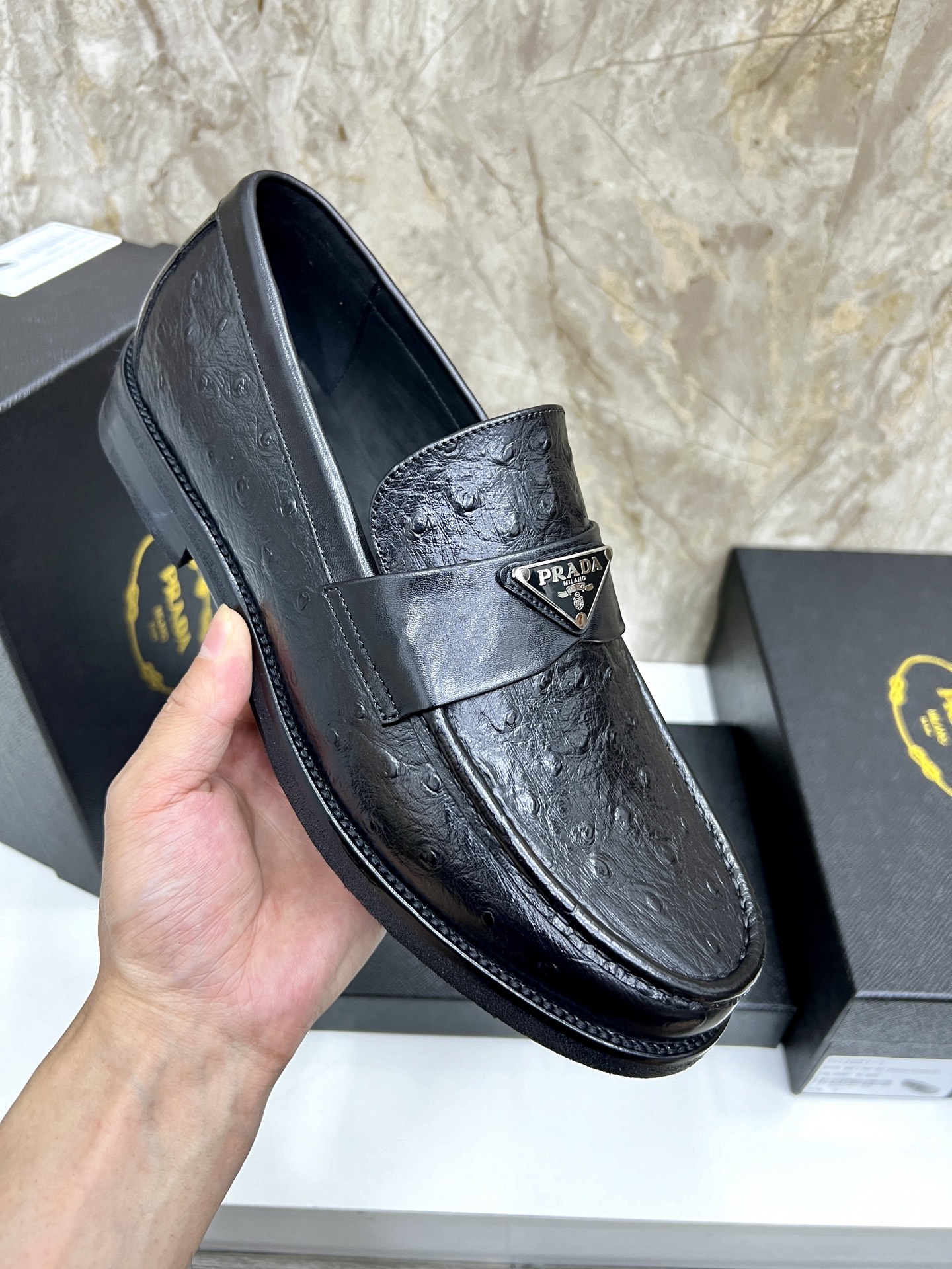 Prada Men's Black Leather Loafers with Ostrich Texture and Logo Accent 8 i1745038204483 9814 0 6