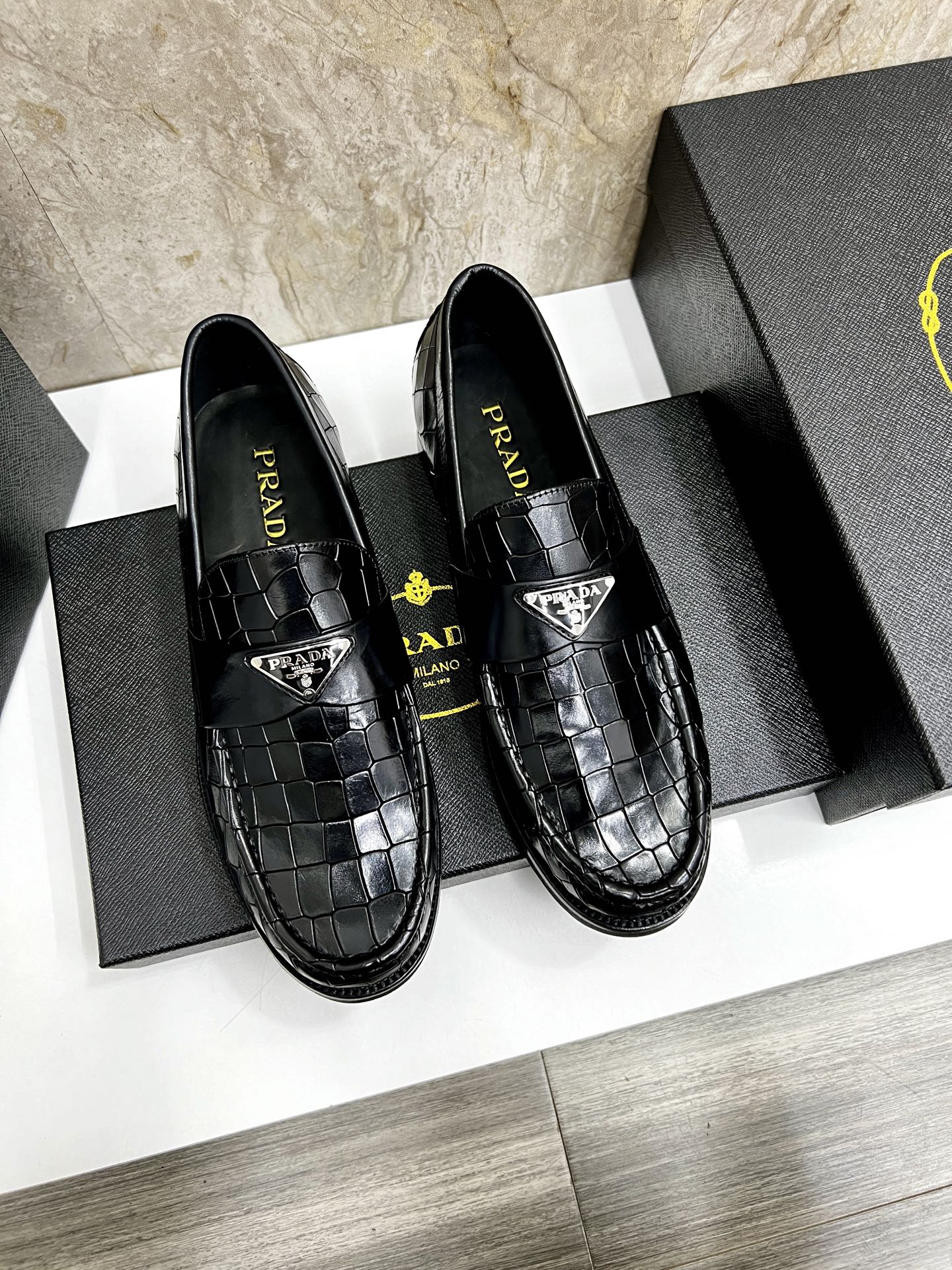 Prada Men's Black Leather Loafers Crocodile Embossed Size 38-44 1 Prada Men's Black Leather Loafers Crocodile Embossed Size 38-44