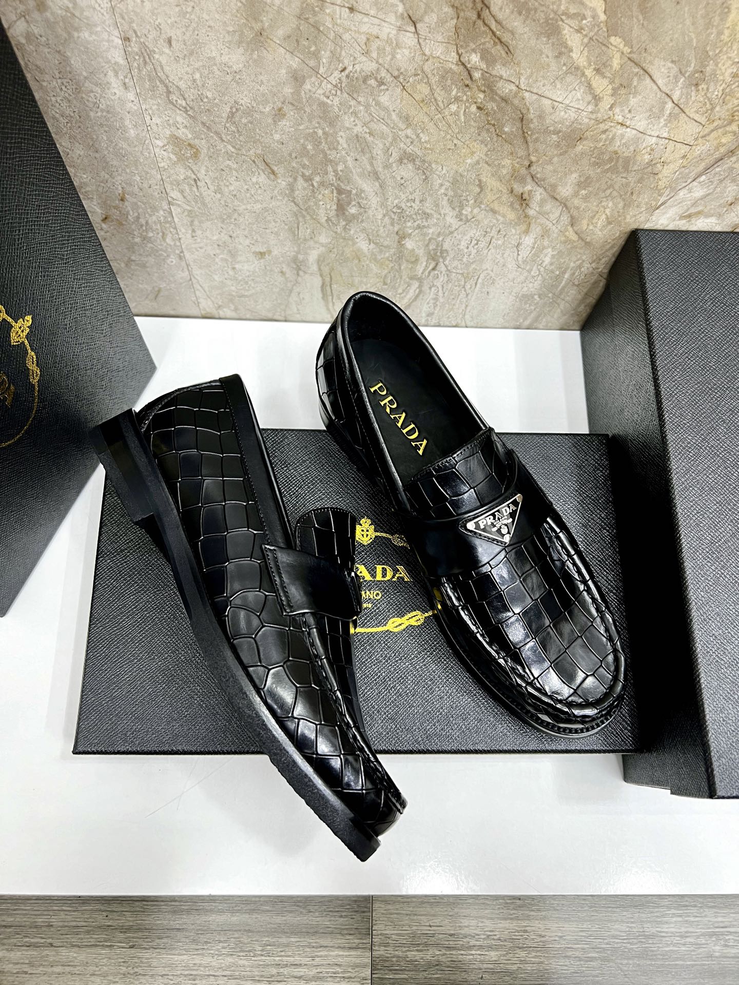 Prada Men's Black Leather Loafers Crocodile Embossed Size 38-44 5 i1745038274344 2275 0 3
