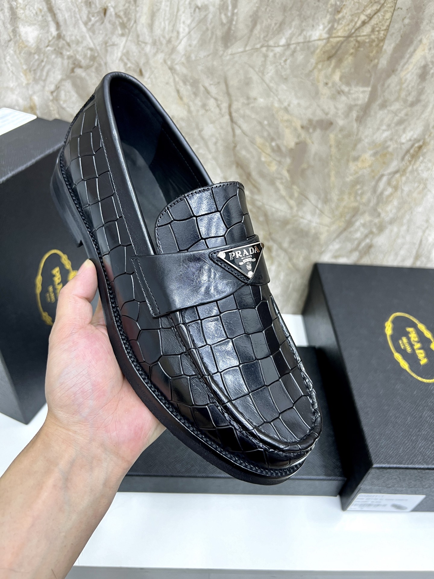 Prada Men's Black Leather Loafers Crocodile Embossed Size 38-44 8 i1745038274374 6063 0 6