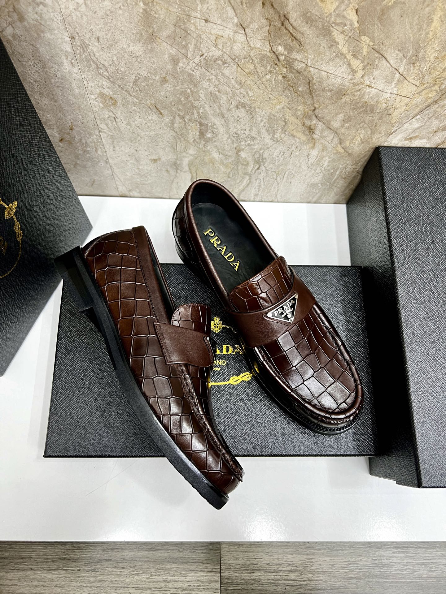 Prada Men's Brown Leather Crocodile Embossed Loafers, Sizes 38-44 5 i1745038300310 5199 0 3