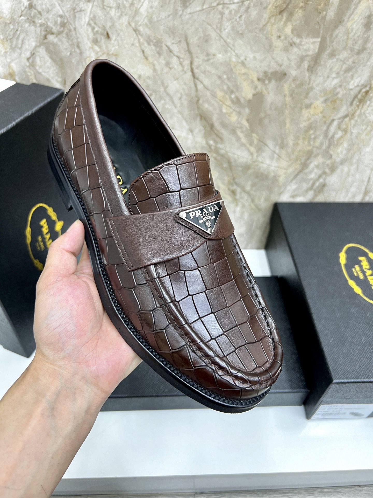 Prada Men's Brown Leather Crocodile Embossed Loafers, Sizes 38-44 8 i1745038300397 8334 0 6